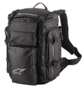 Alpinestars Rover Overland Rucksack, Adventure-Touring-Rucksack, Schwarz, weißes Alpinestars-Branding, mehrere Reißverschlussfächer mit Kompressionsriemen, gepolsterte Mesh-Schultergurte und ergonomisches Gurtsystem, strapazierfähiges Textildesign für Motorrad-Langstreckenreisen