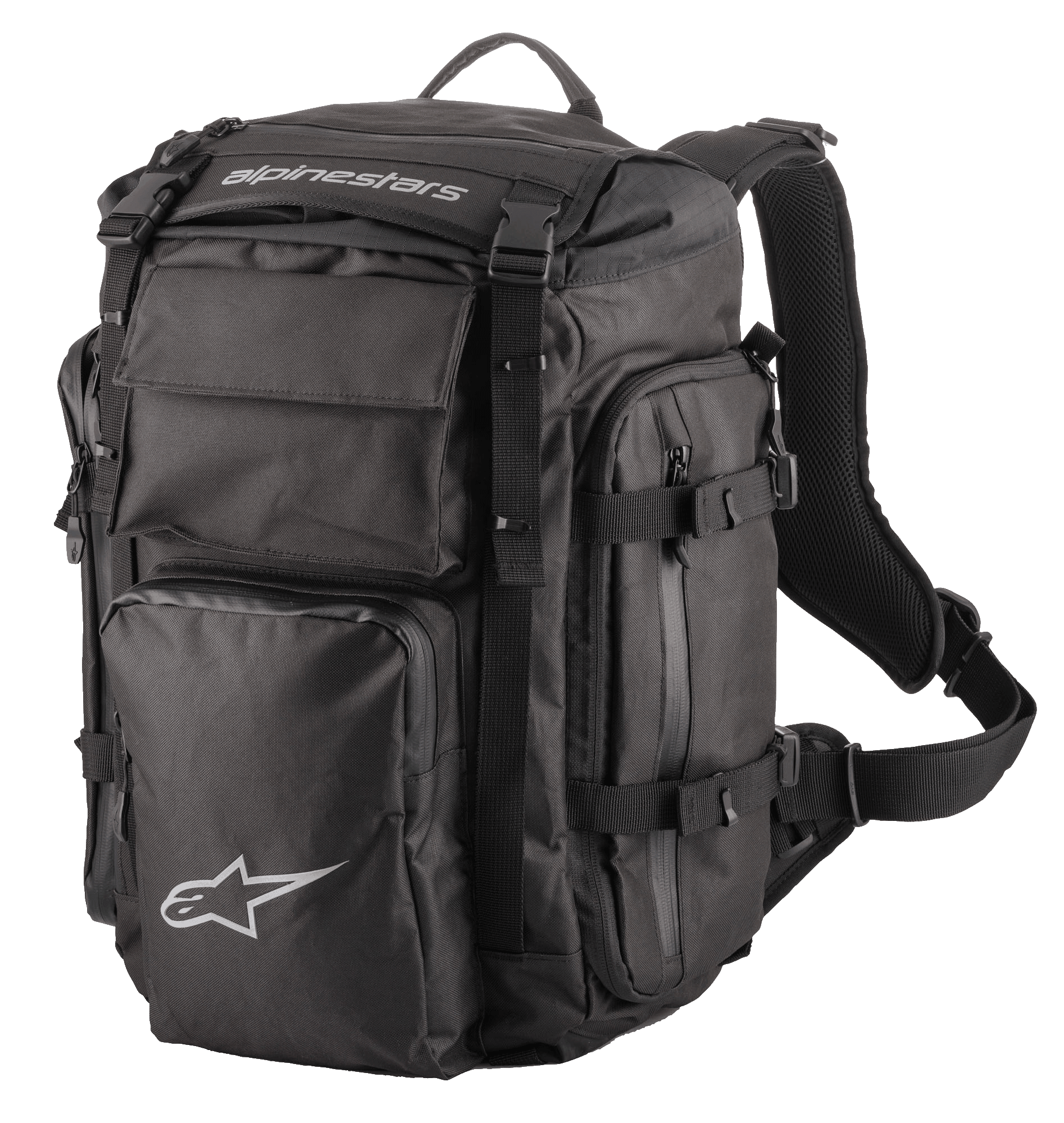 Alpinestars Rover Overland Rucksack, Adventure-Touring-Rucksack, Schwarz, weißes Alpinestars-Branding, mehrere Reißverschlussfächer mit Kompressionsriemen, gepolsterte Mesh-Schultergurte und ergonomisches Gurtsystem, strapazierfähiges Textildesign für Motorrad-Langstreckenreisen