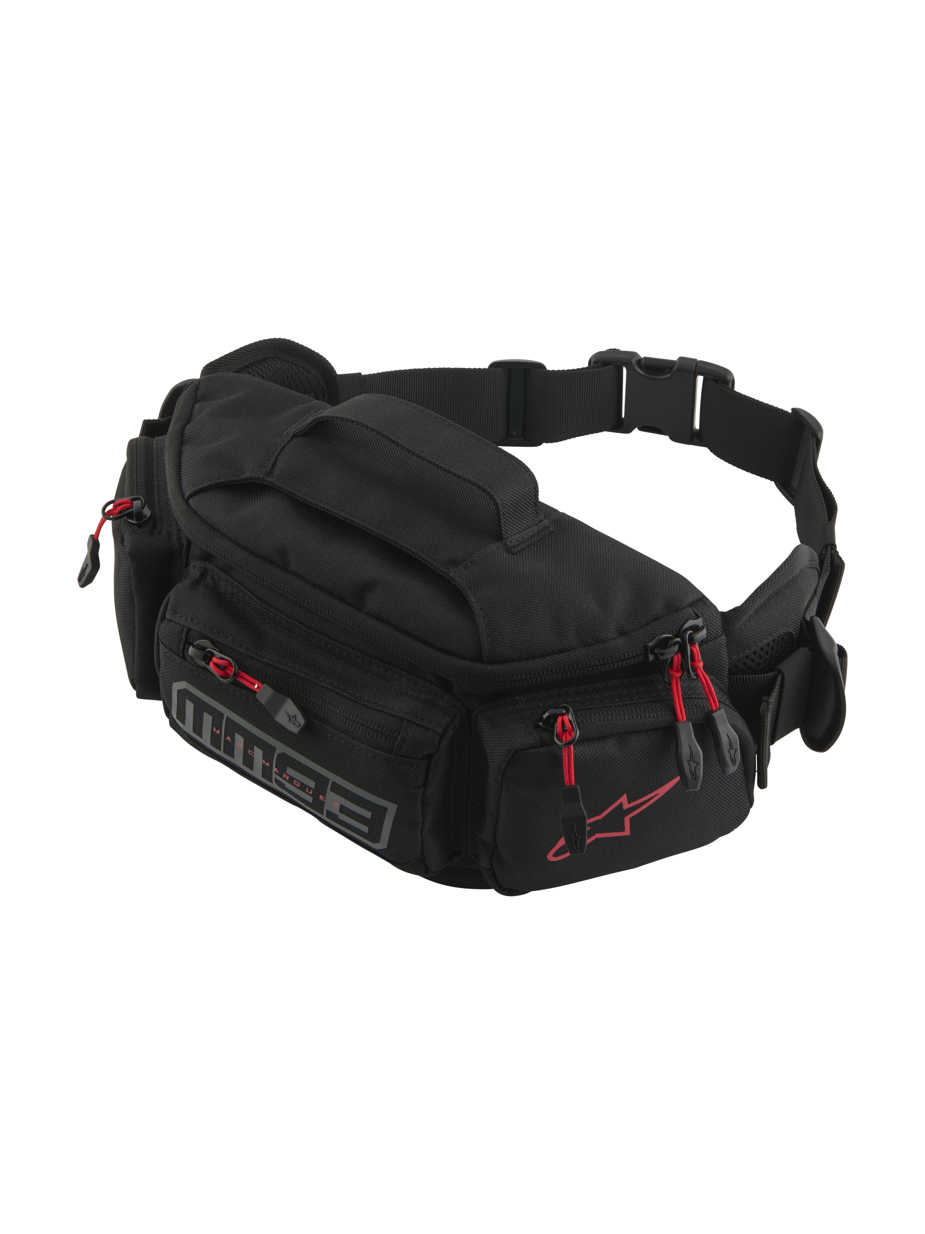 Alpinestars MM93 Hüfttasche, Motorrad-Gürteltasche, Schwarz mit roten Reißverschluss-Zippern, mehrere Reißverschlussfächer, verstellbarer Gurt mit Schnalle, mit rotem Alpinestars-Logo und grauem MM93-Branding, strapazierfähiges wasserabweisendes Textilmaterial