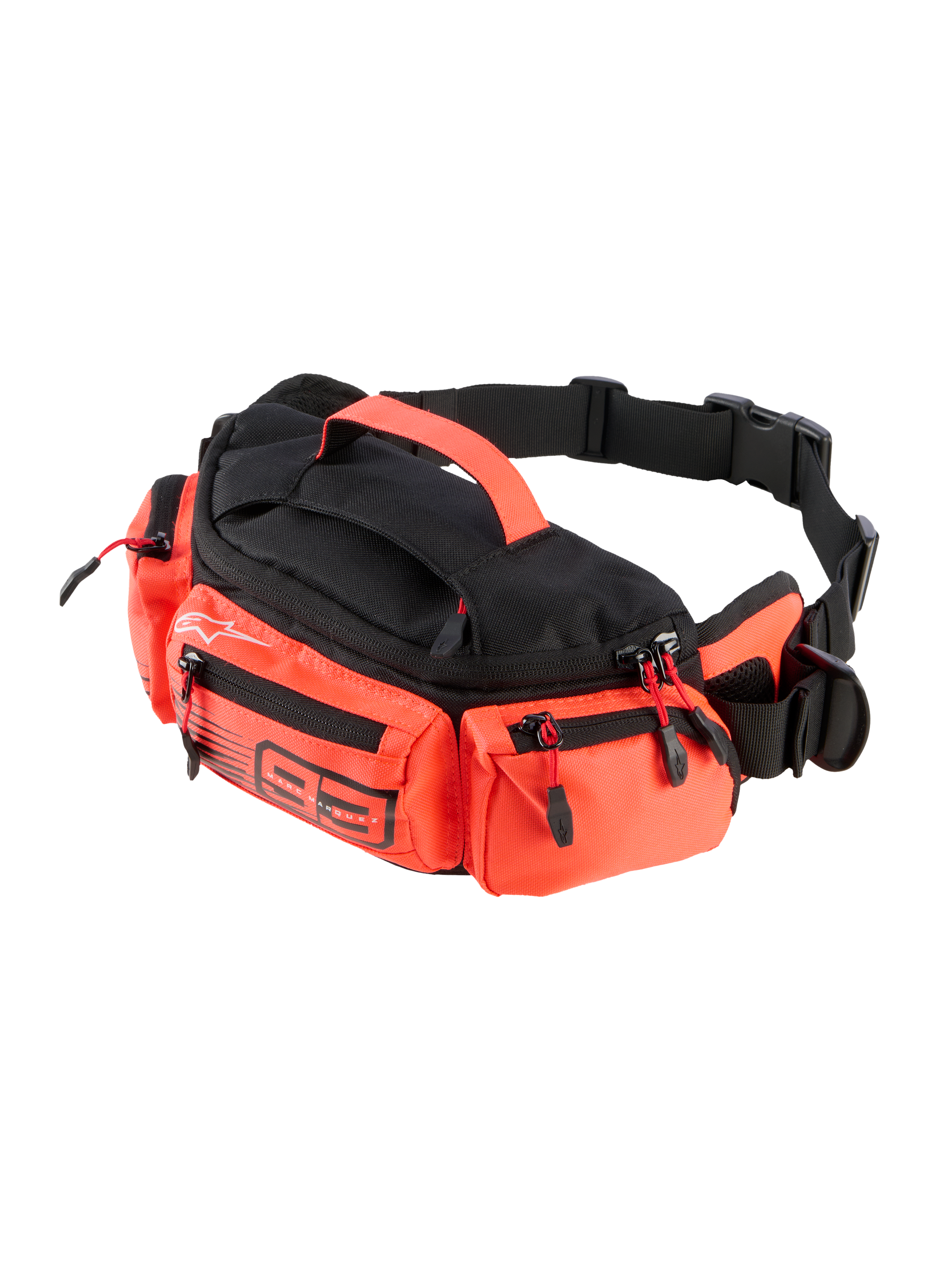 Alpinestars MM93 Waist Bag, Black and Red Fluo, practical motorcycle hip pack with multiple zippered compartments, top handle, and adjustable black strap, featuring Marc Marquez 93 branding and durable water-resistant construction.