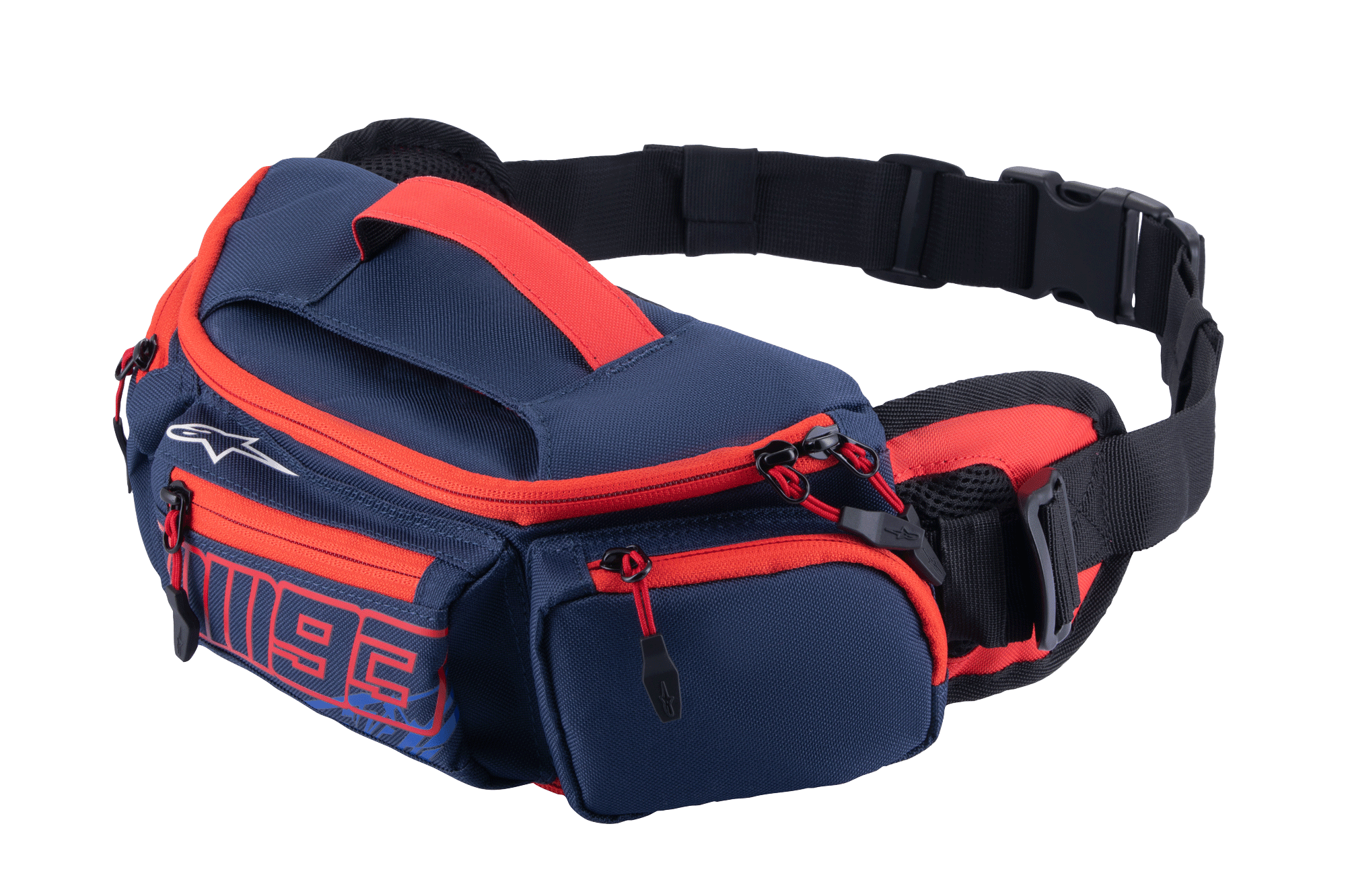 Alpinestars MM93 Gürteltasche, Praktische Hüfttasche in Dunkelblau und Hellrot, Strapazierfähiges Material, Reißverschlussfächer, verstellbarer Gürtel, Marc Marquez Kollektion