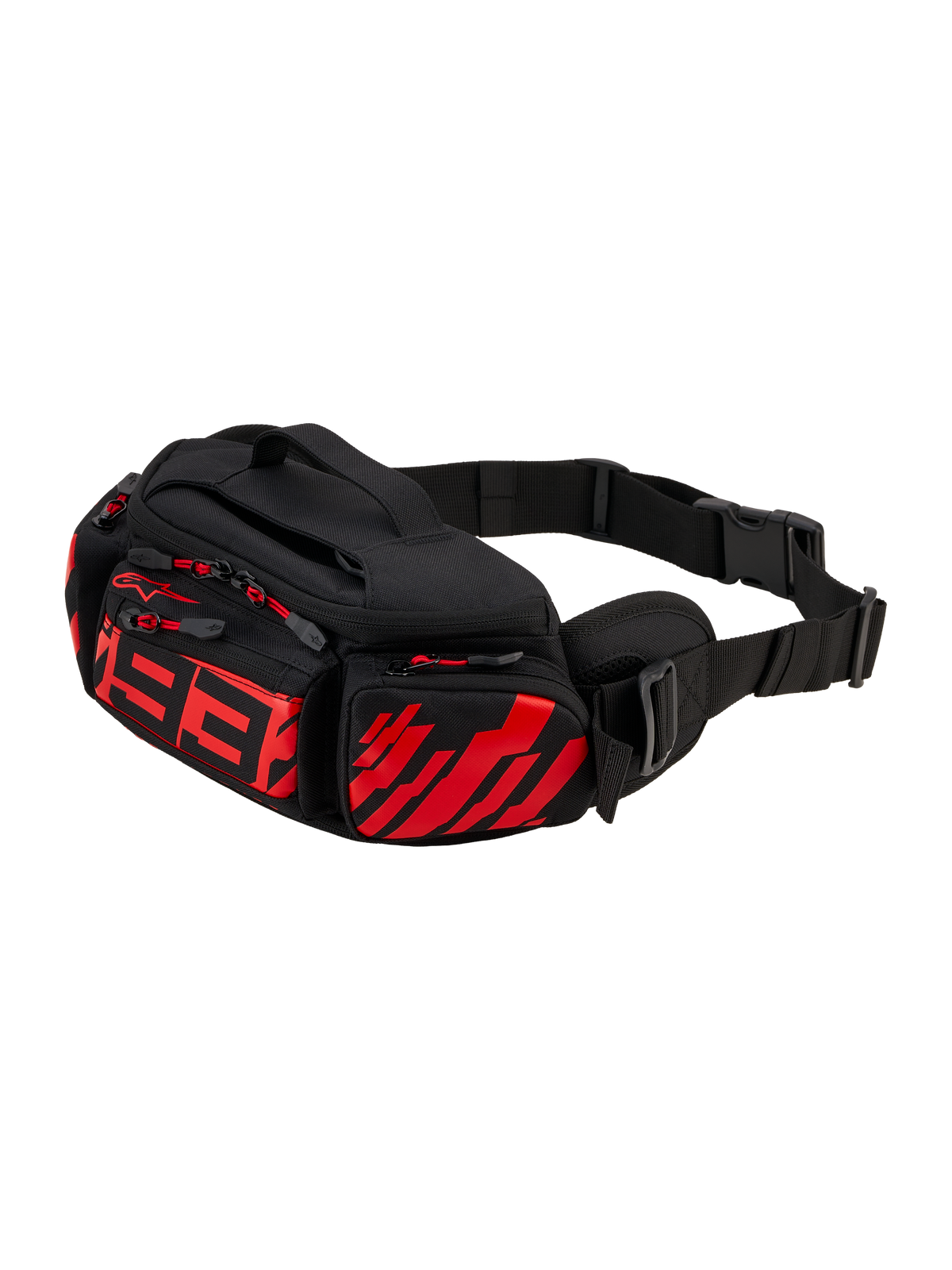 Alpinestars MM93 Waist Bag, sac banane de moto, noir avec rouge fluo et rouge vif, arborant un logo 93 rouge stylisé sur le devant, plusieurs compartiments de rangement zippés avec tirettes rouges, sangle de taille noire réglable avec boucle, construction en textile durable