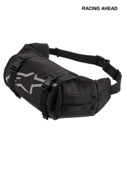 Alpinestars Tech Tool Pack, zwarte duurzame motorfiets gereedschap-heuptas, voorzien van een grijs Alpinestars sterlogo, verstelbare compressiebanden met plastic gespen en zijvakken met ritssluiting voor enduro- en off-roadgebruik