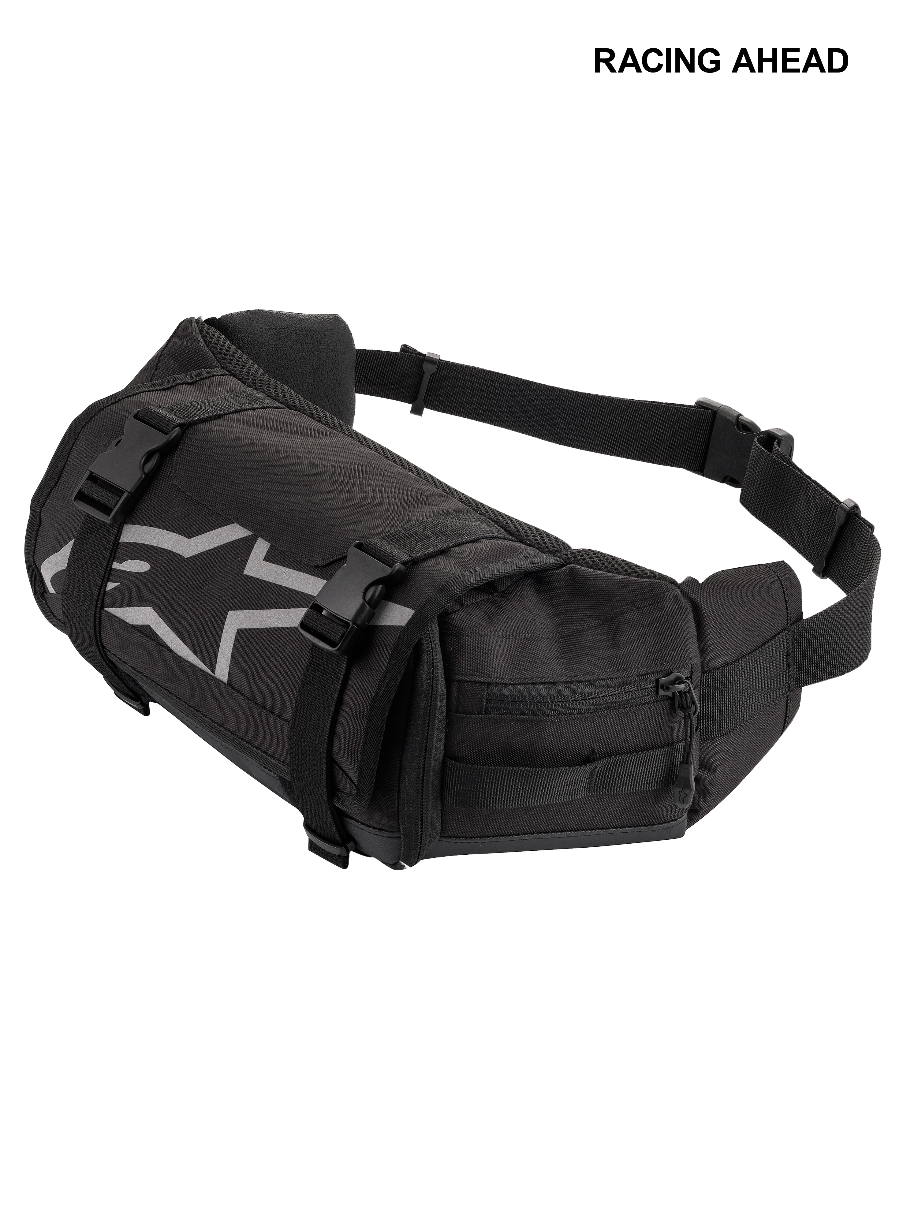 Alpinestars Tech Tool Pack, Schwarz, strapazierfähige Motorrad-Werkzeug-Hüfttasche, mit grauem Alpinestars Stern-Logo, verstellbaren Kompressionsriemen mit Kunststoffschnallen und seitlichen Reißverschlussfächern für den Enduro- und Offroad-Einsatz