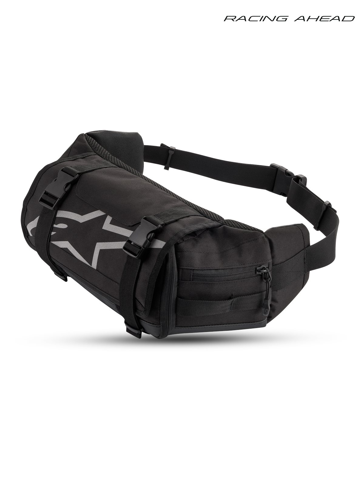 Alpinestars Tech Werkzeugtasche, Enduro-Hüfttasche in Schwarz und Weiß, mit strapazierfähiger 600D-Polygewebe-Konstruktion, Kompressionsriemen und Frontlogo, Studio-Produktaufnahme für Offroad-Fahren