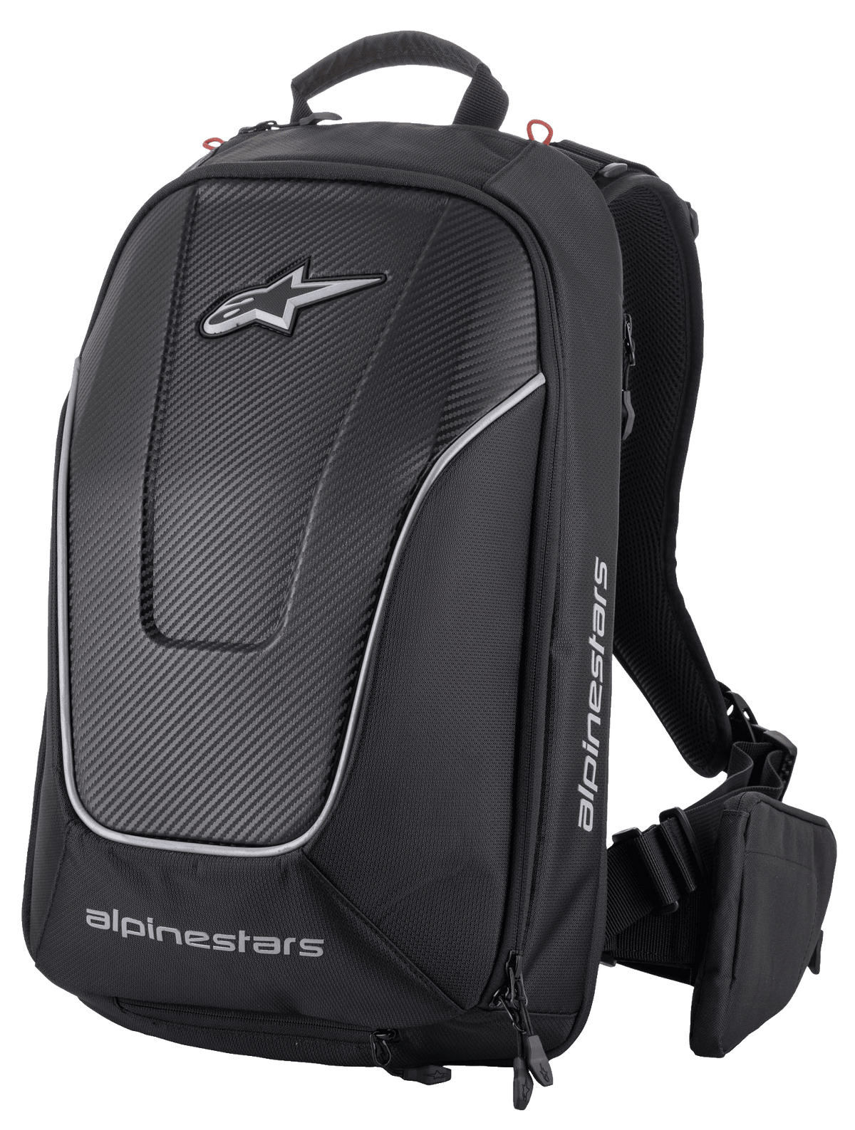 Alpinestars Charger Pro Rucksack, Schwarz, aerodynamischer halbstarrer Motorradrucksack, Frontpanel mit Carbon-Struktur und reflektierenden silbernen Paspeln, weiße Alpinestars Logos, gepolsterte Schultergurte und abnehmbare Hüftgurttasche, sportliches Fahrdesign