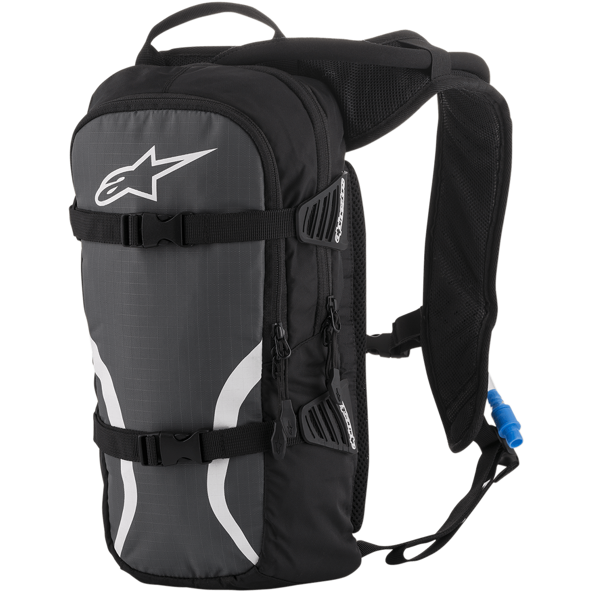 Alpinestars Iguana Hydration Backpack, Off-Road Hydration Pack, Black Anthracite and White, featuring padded mesh shoulder straps, front compression straps with buckles, zippered compartments, and a blue hydration tube with nozzle