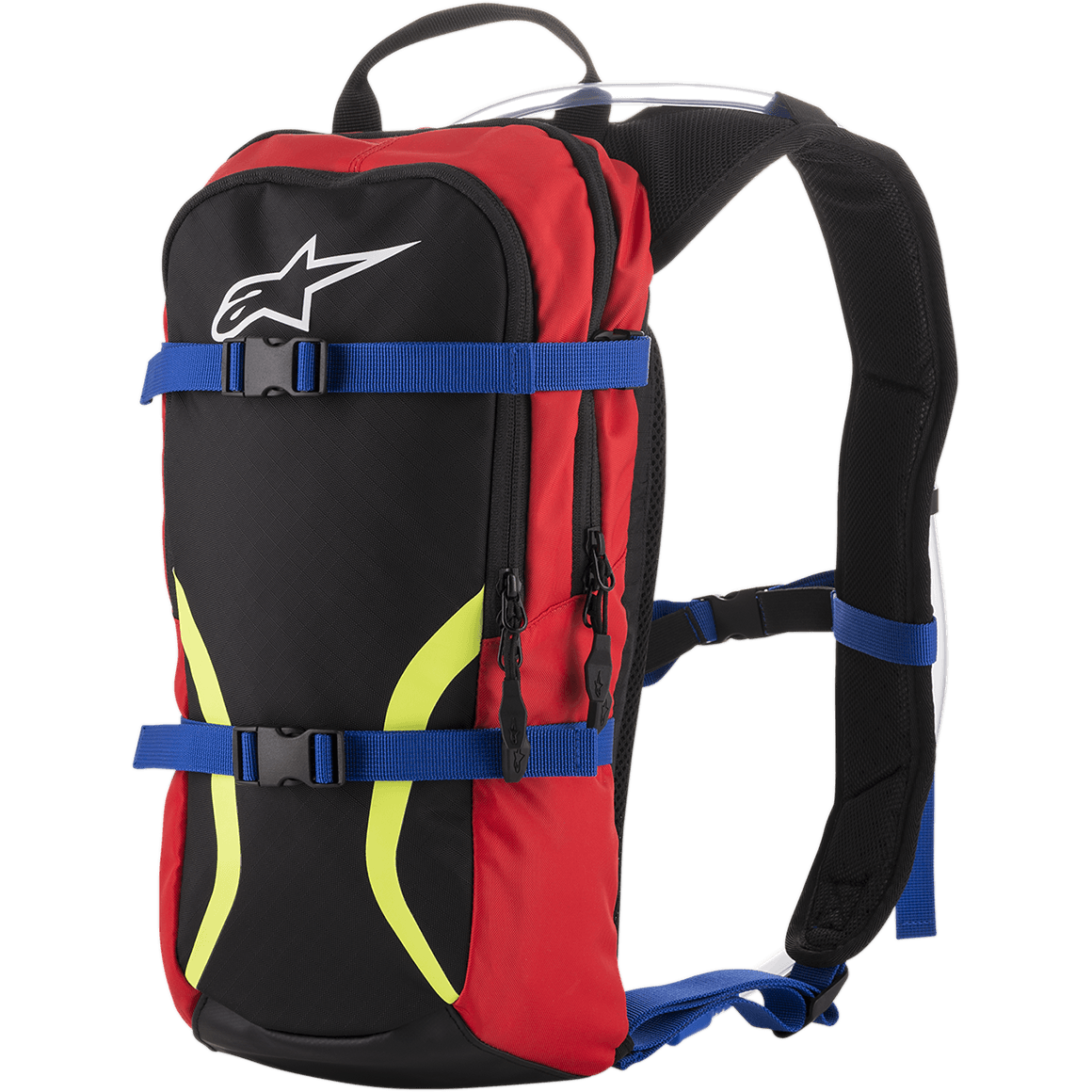 Alpinestars Iguana Trinkrucksack, Offroad-Motocross-Rucksack, Schwarz und Rot mit blauen Gurten und gelben Fluo-Grafiken, weißes Astars-Logo, zwei Reißverschlussfächer, gepolsterte Schultergurte mit sichtbarem Trinkschlauch