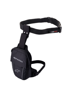 Alpinestars Access Oberschenkeltasche, schwarze Motorrad-Beintasche, strapazierfähige Textilkonstruktion mit verstellbarem Hüftgurt und Oberschenkelriemen, Alpinestars-Branding, reflektierende Paspeln und Schnellverschluss, ergonomisches Design zur Aufbewahrung kleiner Essentials während der Fahrt
