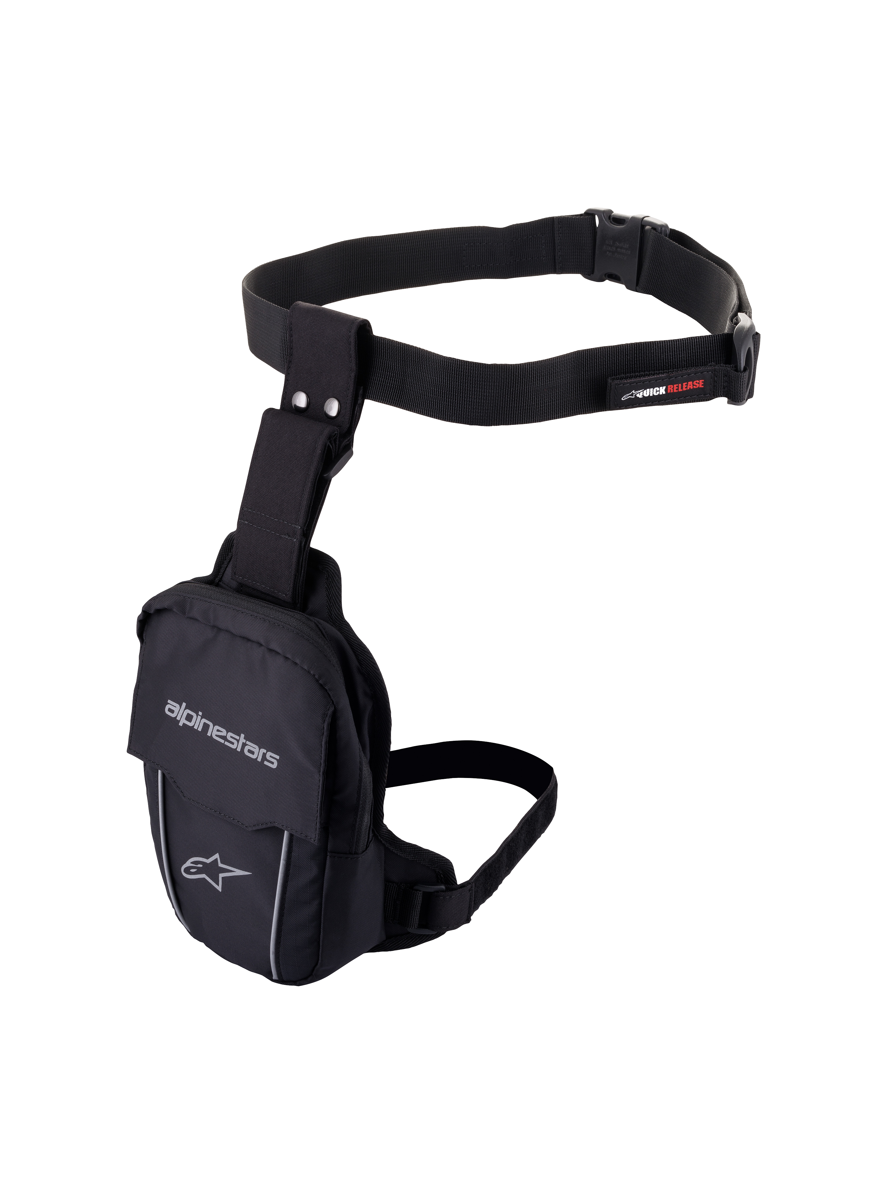 Alpinestars Access Thigh Bag, sac de cuisse pour moto, noir, construction en textile durable avec ceinture et sangle de cuisse réglables, logo Alpinestars, passepoil réfléchissant et boucle à dégagement rapide, design ergonomique pour le rangement d'objets essentiels à moto