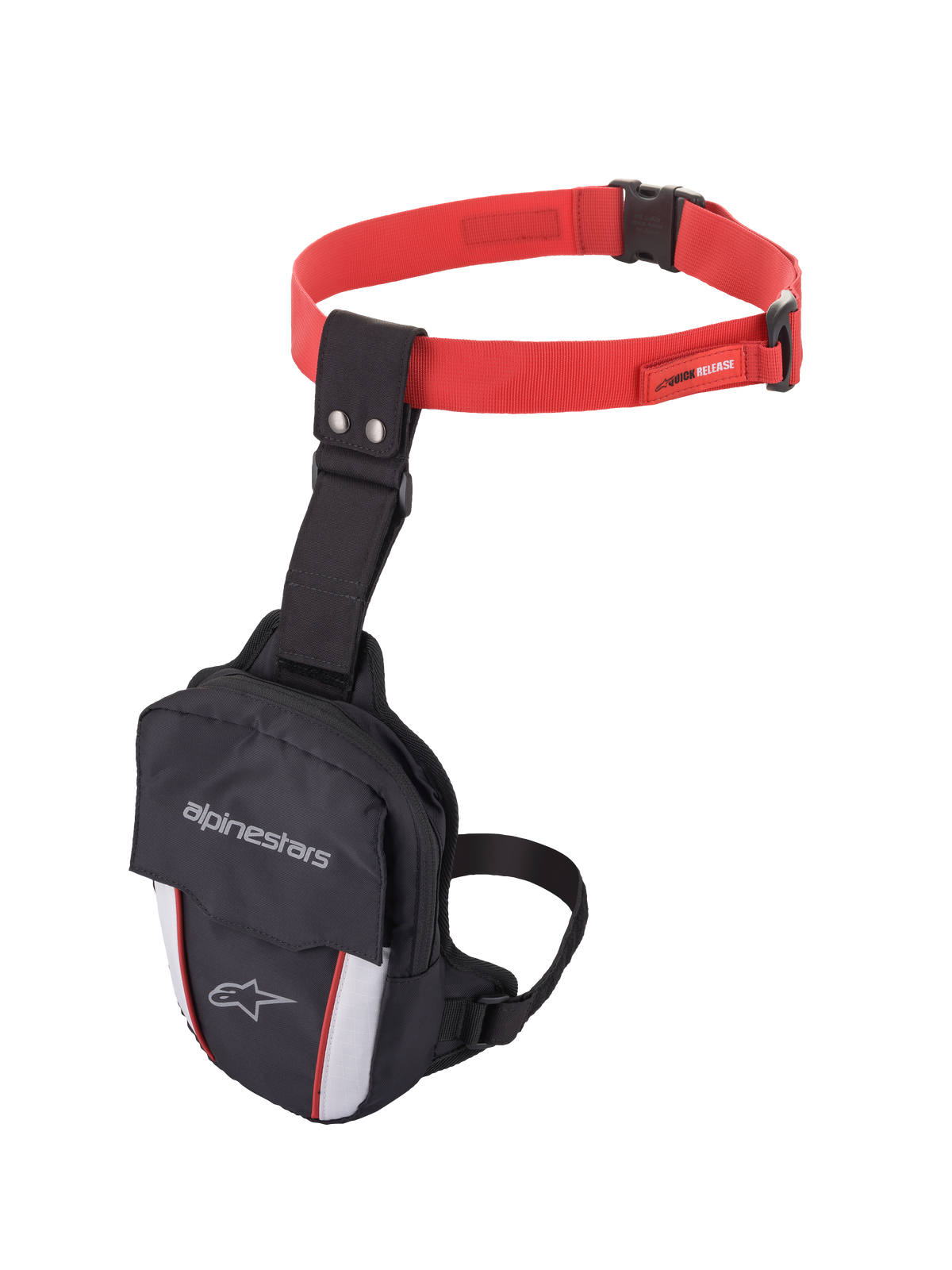 Alpinestars Access Thigh Bag, Motorcycle Thigh Bag, Black Red and White, featuring a red adjustable waist strap with quick-release buckle, black thigh strap, Alpinestars branding on the front flap, and reflective white panels with red accents for visibility.
