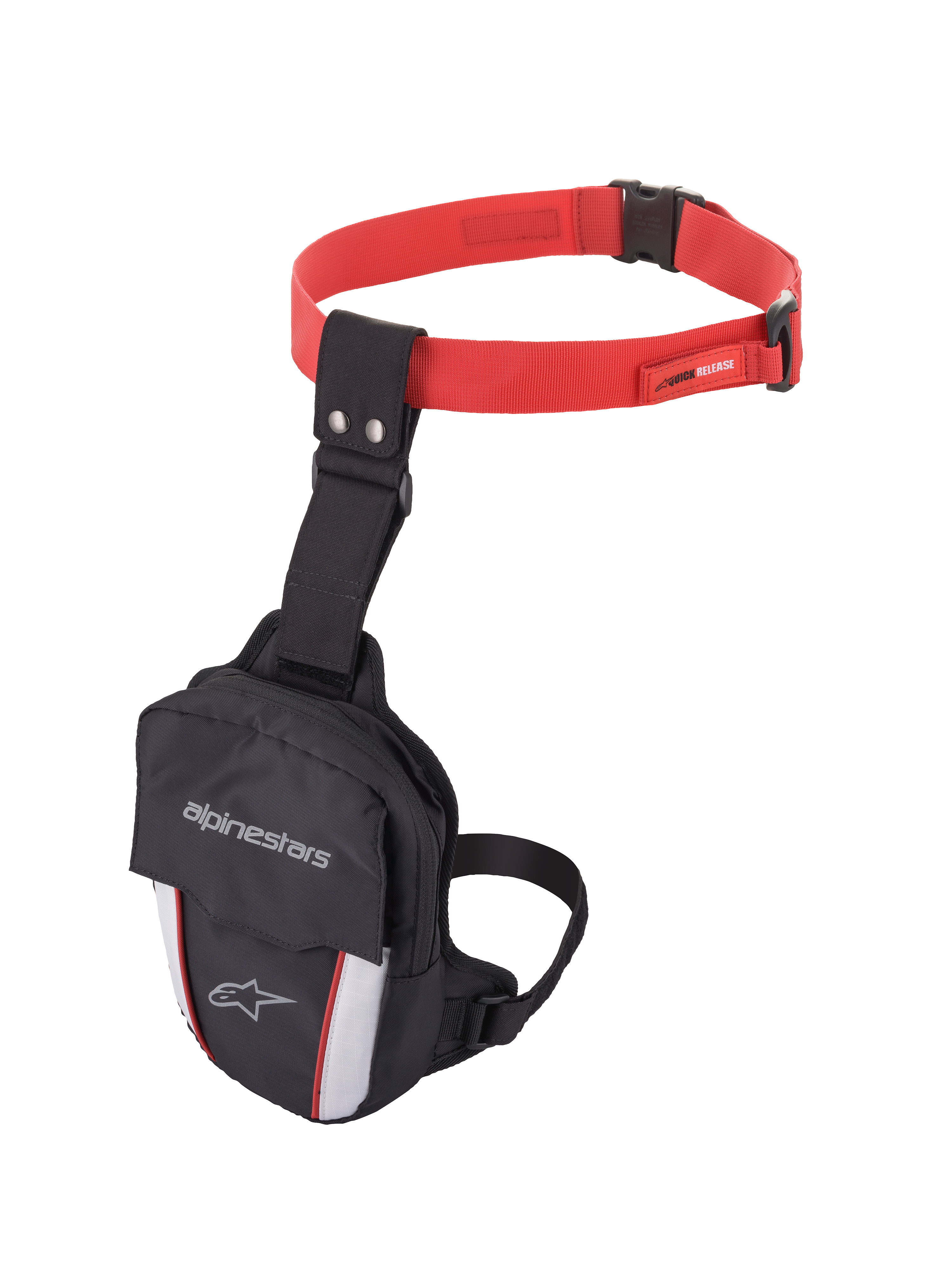 Sacoche de cuisse Alpinestars Access, sac de cuisse pour moto, noir, rouge et blanc, avec sangle de taille rouge réglable et boucle à dégagement rapide, sangle de cuisse noire, logo Alpinestars sur le rabat, et panneaux réfléchissants blancs avec accents rouges pour la visibilité