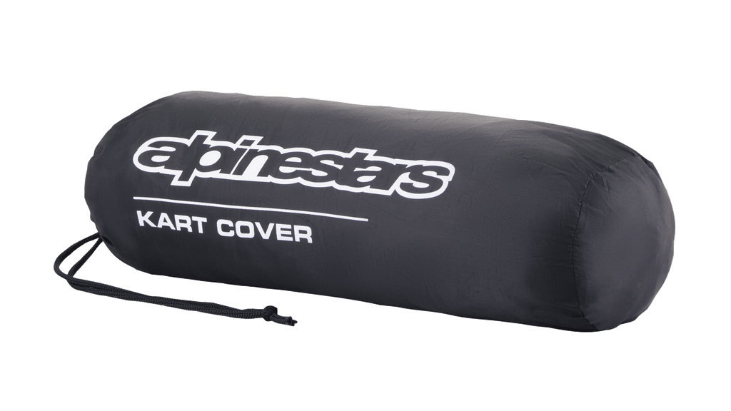 Sac de rangement pour housse de kart Alpinestars, noir, avec logo Alpinestars blanc et texte 'KART COVER', forme cylindrique avec fermeture par cordon de serrage, design compact et portable pour équipement de sport automobile.