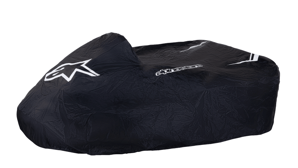 Housse de Kart Alpinestars, noire, avec logo étoile et nom de marque Alpinestars blancs, housse de protection pour kart, tissu durable résistant aux intempéries avec bandes blanches, conception structurée pour la protection dans le paddock