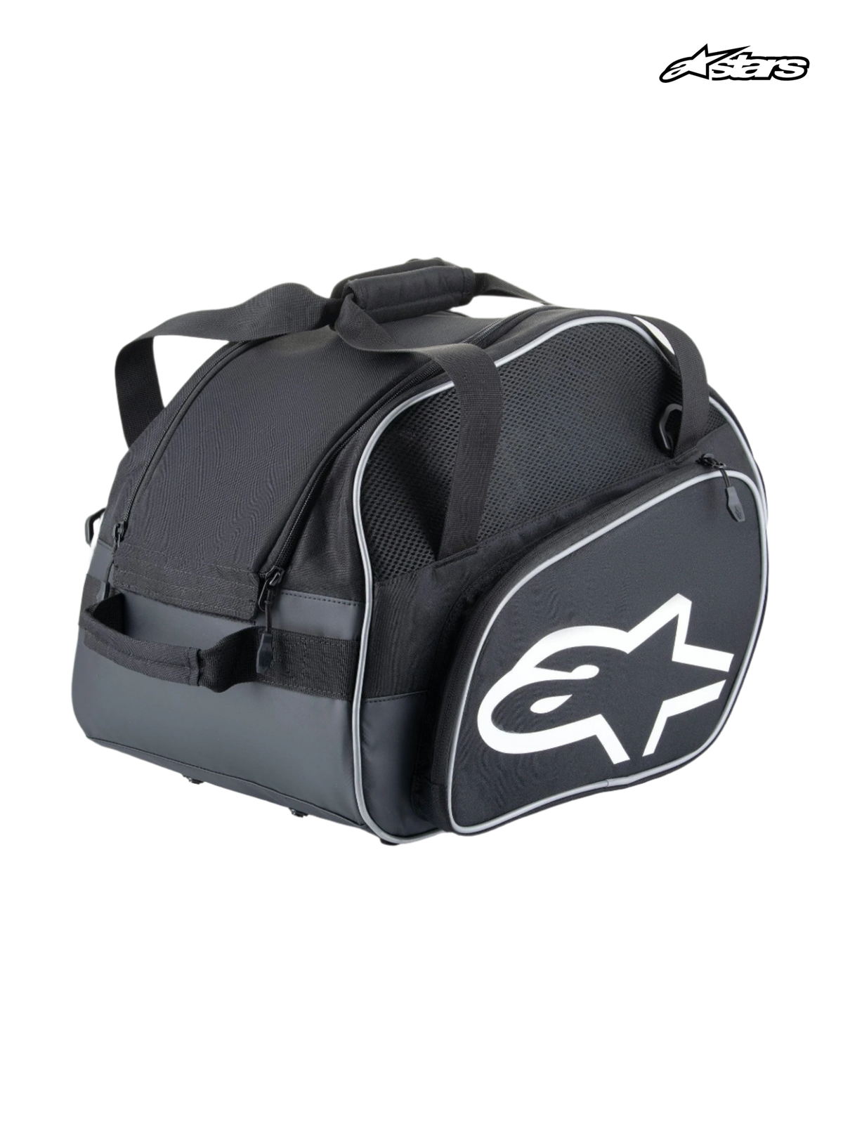 Alpinestars Flow V3 helmtas, autosporttas voor helm en HANS-apparaat, zwart en wit, lichtgewicht polyester constructie met zijvak, stijve bodem en wit Alpinestars-logo