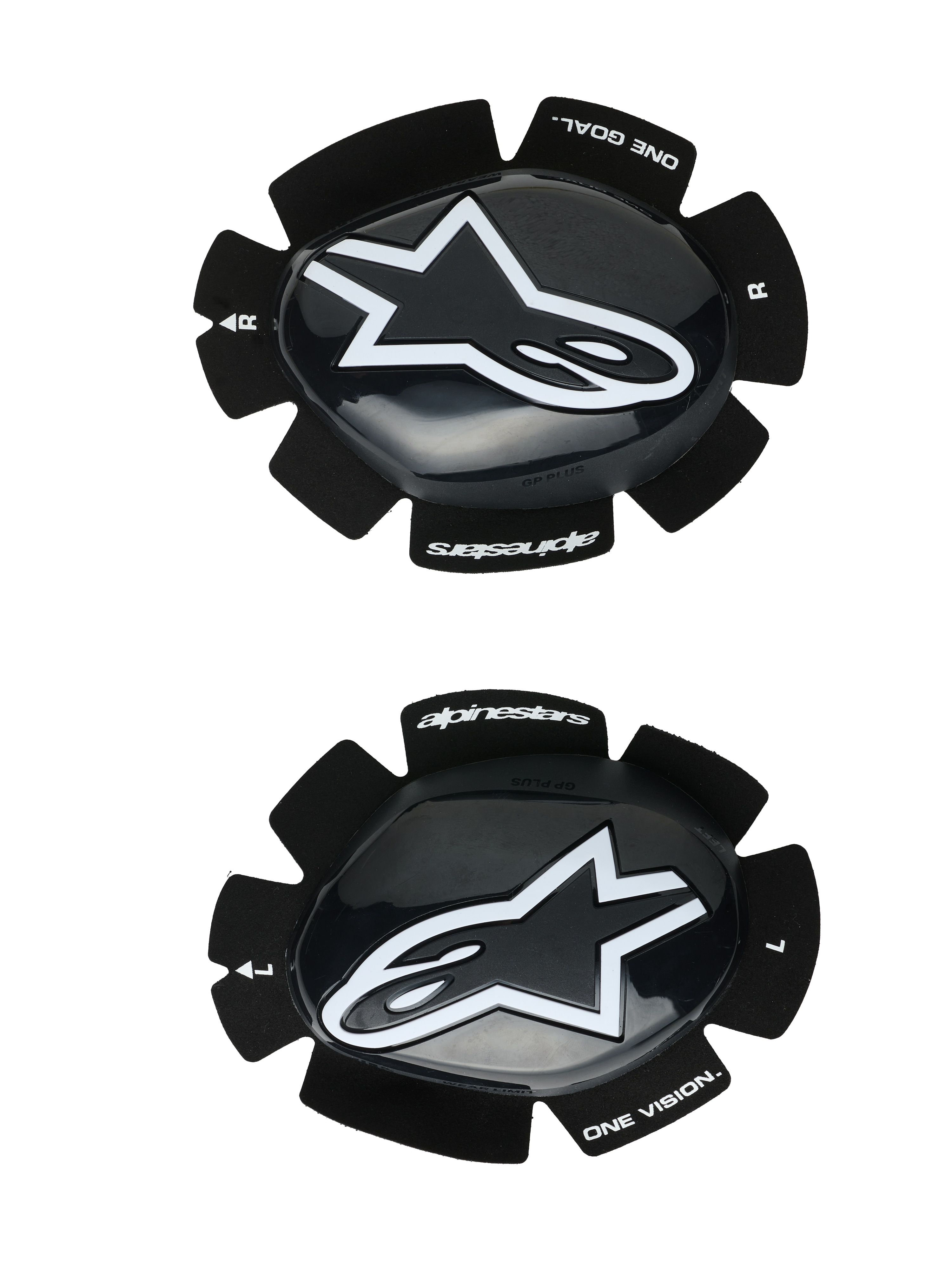 Alpinestars GP Plus kniesliders, motorrace knieschuivers, zwart en wit, glanzende afwerking met wit sterlogo, klittenband bevestigingssysteem, voorzien van 'One Goal One Vision' branding, set van links en rechts