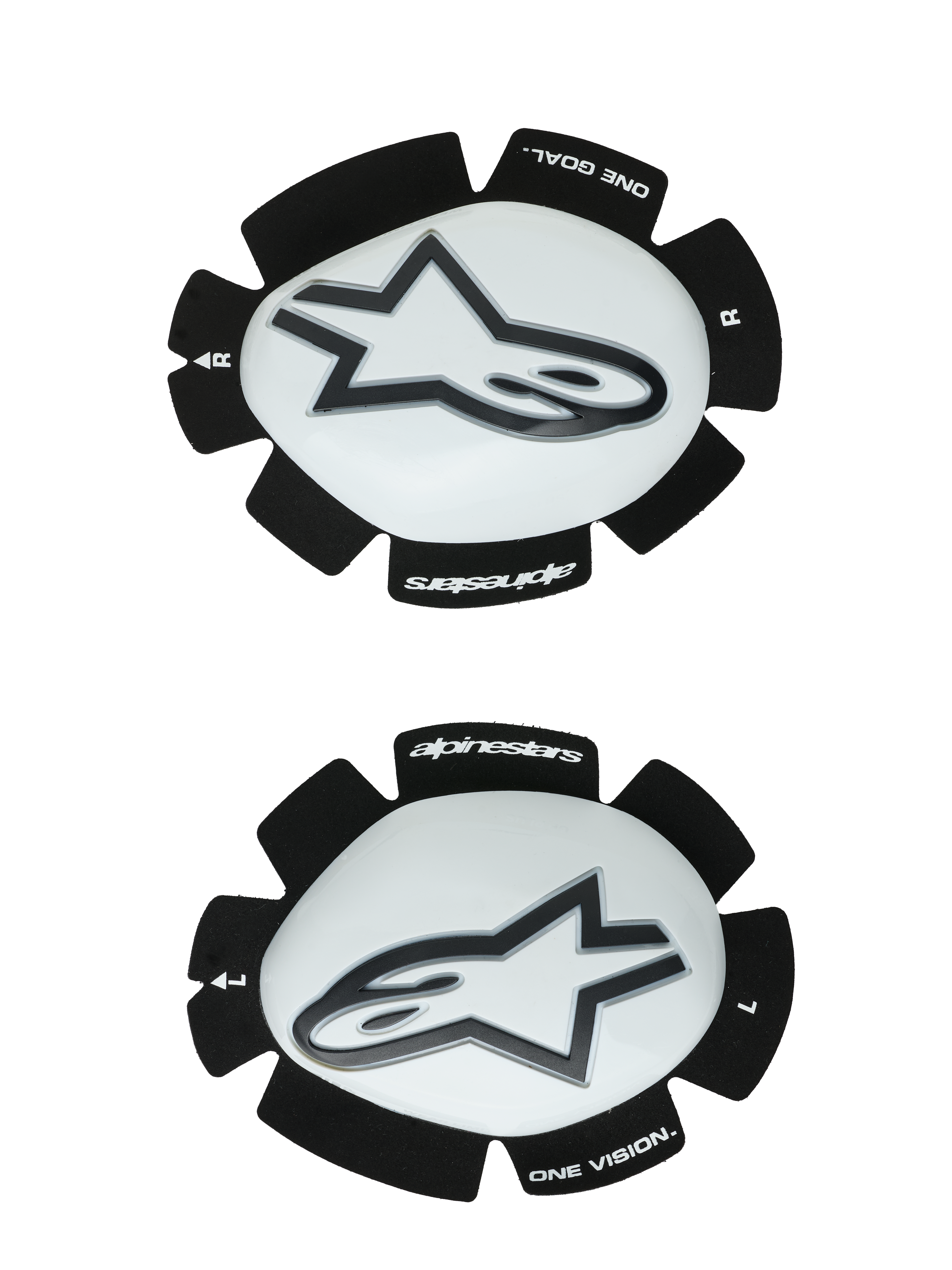 Sliders de genou Alpinestars GP Plus, blanc et noir, protections de genou pour la course moto, paire présentant les sliders gauche et droit avec surfaces en plastique blanc et logos Astars noirs, support Velcro noir festonné avec marquages « ONE GOAL » et « ONE VISION »