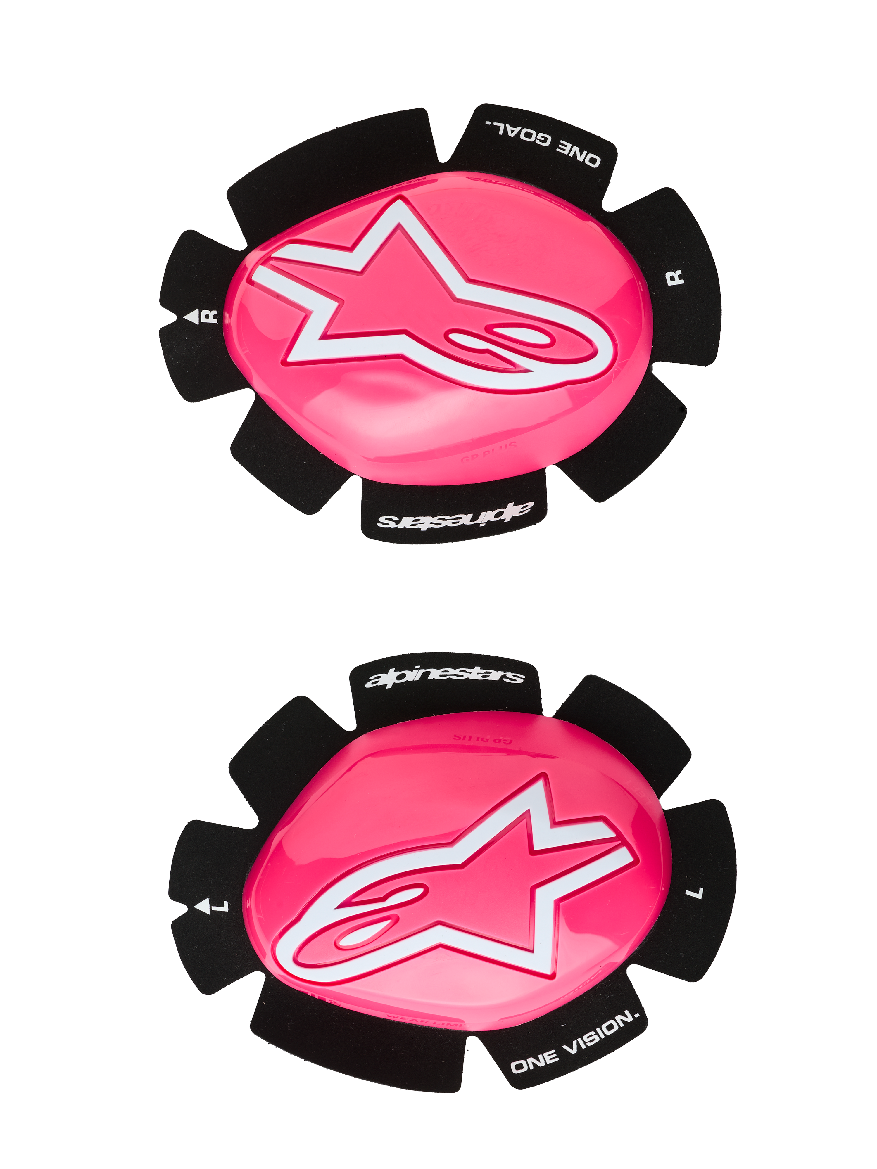Alpinestars GP Plus Knee Slider, sliders de genoux pour la course moto, rose fluo et blanc, ensemble de sliders gauche et droit, surface rose brillante avec logos étoiles blancs, support noir avec inscription « One Goal One Vision », construction en plastique durable pour une utilisation sur piste et sur route