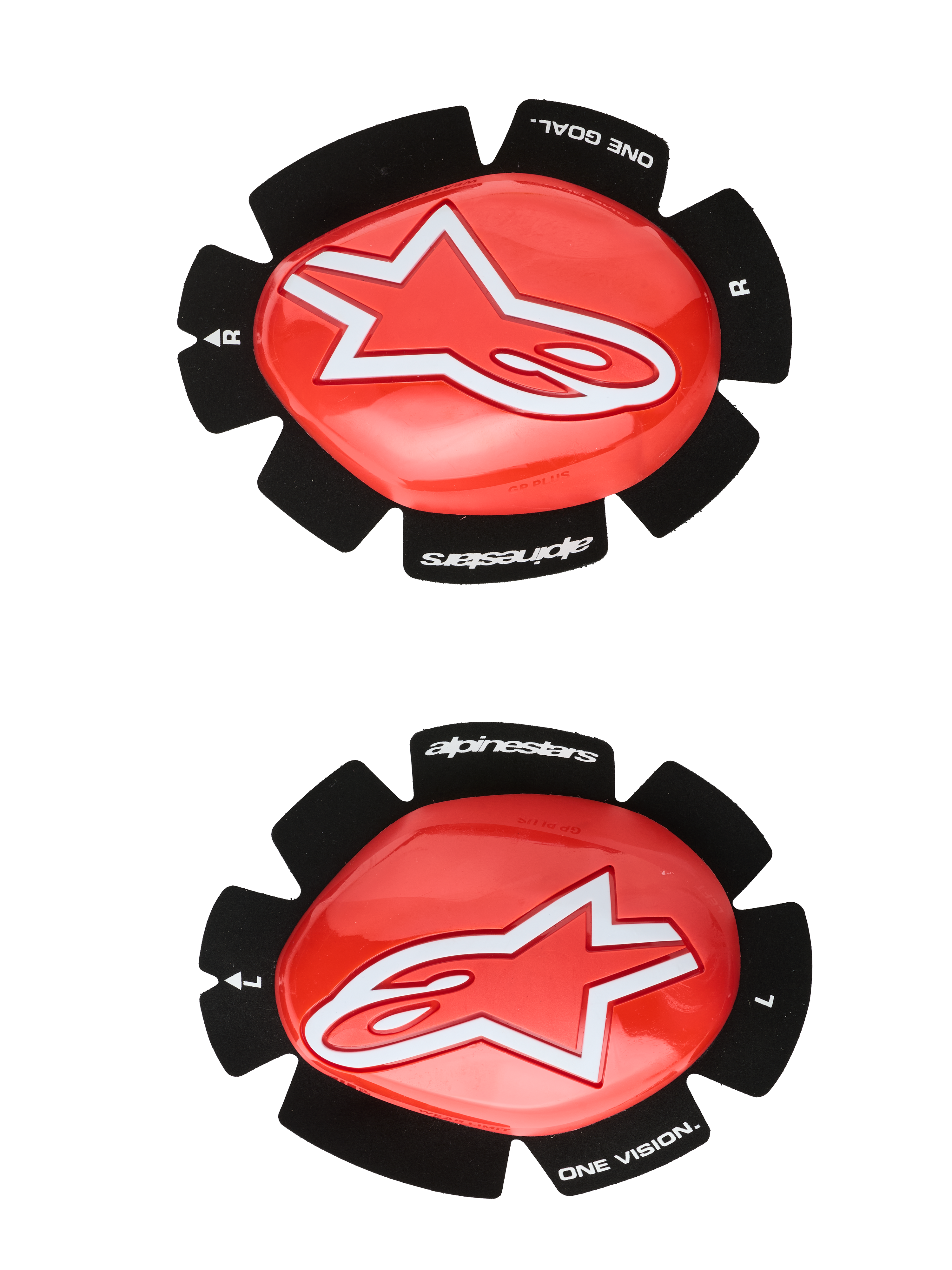 Alpinestars GP Plus Knee Sliders, Motorcycle Racing Knee Protection, Red and Black, White Star Logo, "ONE GOAL. ONE VISION." Branding, Velcro Attachment Pads, Left and Right Pair