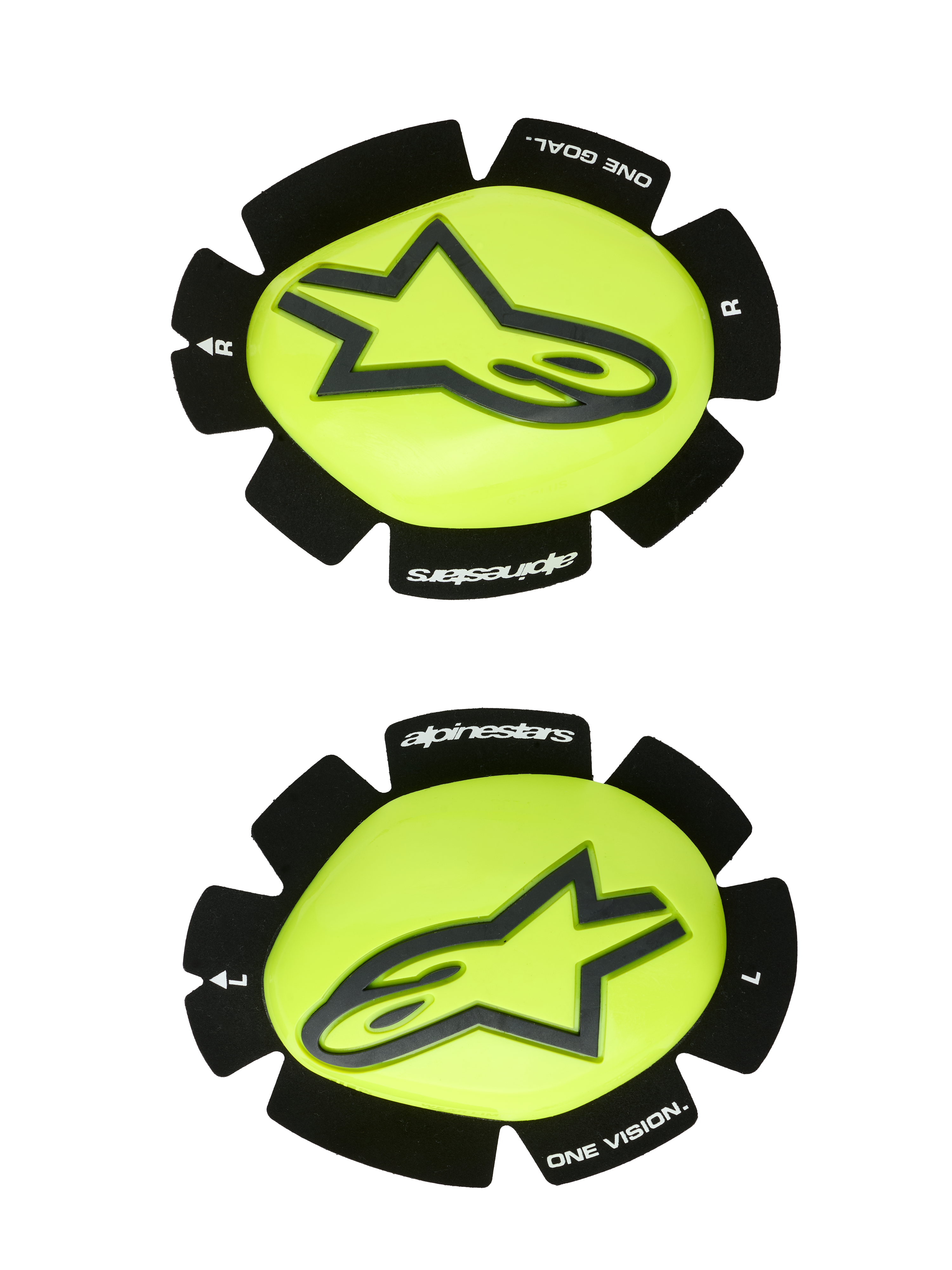 Alpinestars GP Plus, sliders de genou pour la course moto, jaune fluo et noir, paire gauche et droite avec logo étoile noir sur surface jaune brillante, bords noirs texturés avec marquages "alpinestars" et "ONE GOAL ONE VISION", conçus pour l'abrasion sur circuit