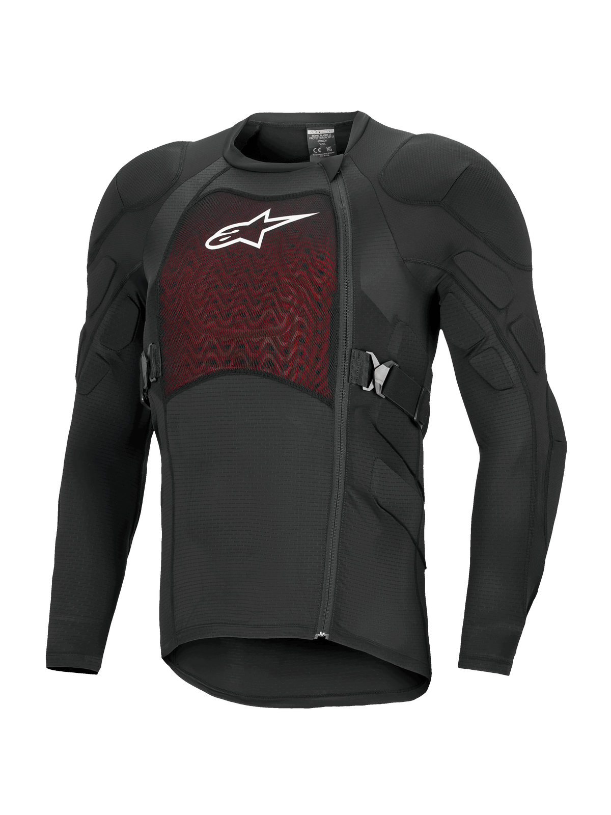 Alpinestars Bionic Plasma LT Protection Jacket met lange mouwen, zwart en rood, off-road motorbescherming met gewatteerde schouders en ellebogen, ademend mesh borstpaneel met wit logo, asymmetrische zijrits en verstelbare zijriemen.