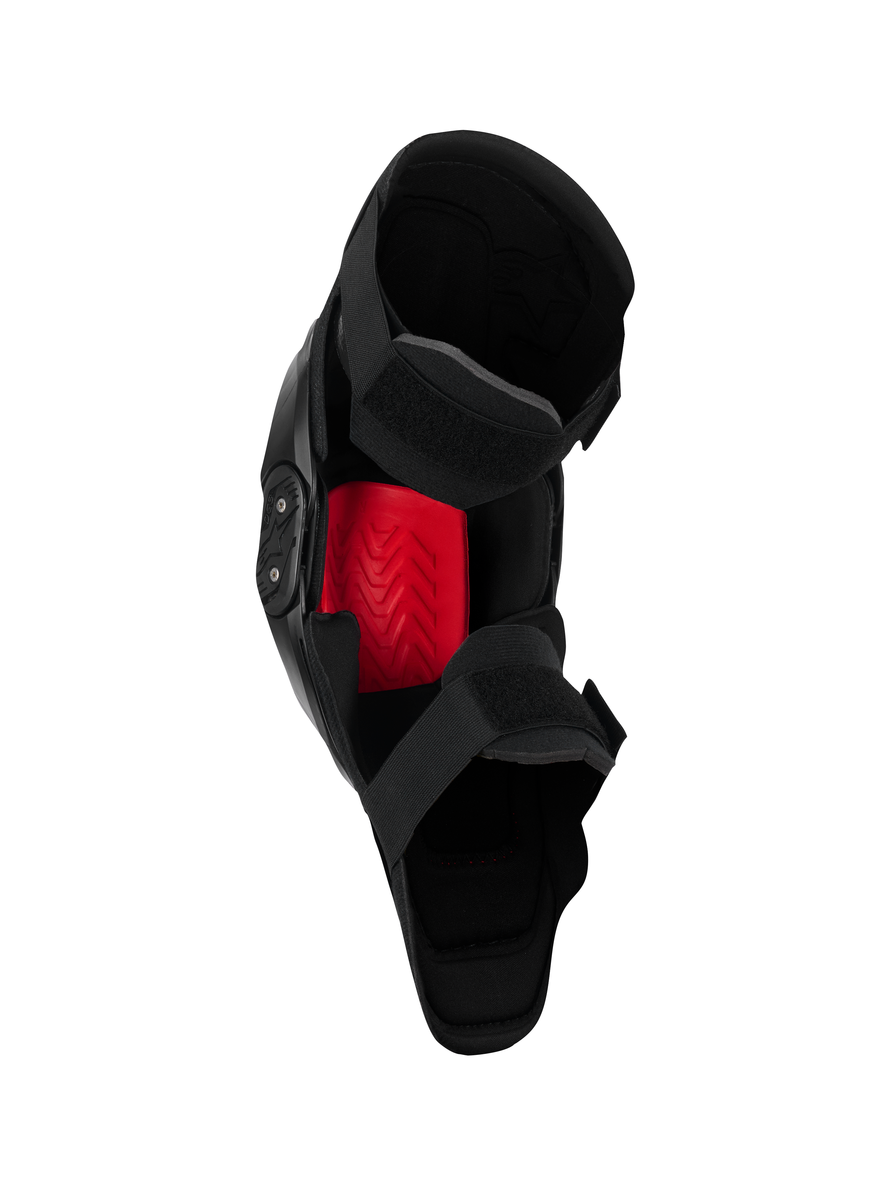 Alpinestars SX-1 Plasma kniebeschermer, motorcross kniebeschermer, zwart en rood, binnenaanzicht met de rode Nucleon PLASMA-inzet en het dubbele bandsluitsysteem, ontworpen voor off-road prestaties