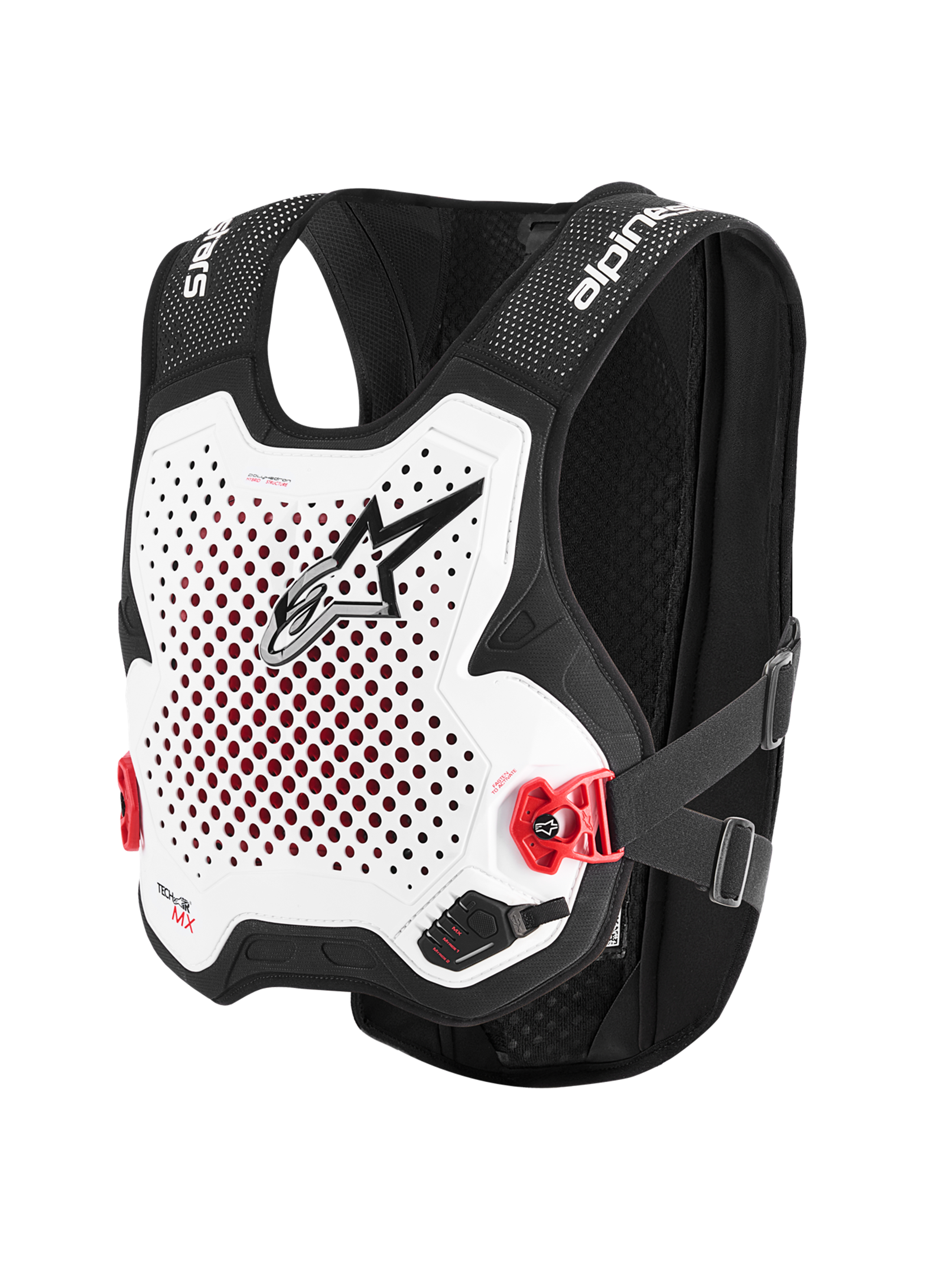 Alpinestars Tech-Air® MX Systeem, motocross airbag-beschermingsvest in wit en zwart, CE-gecertificeerde bescherming, geïntegreerde Nucleon PLASMA rugbeschermer en ademende stretch-mesh constructie