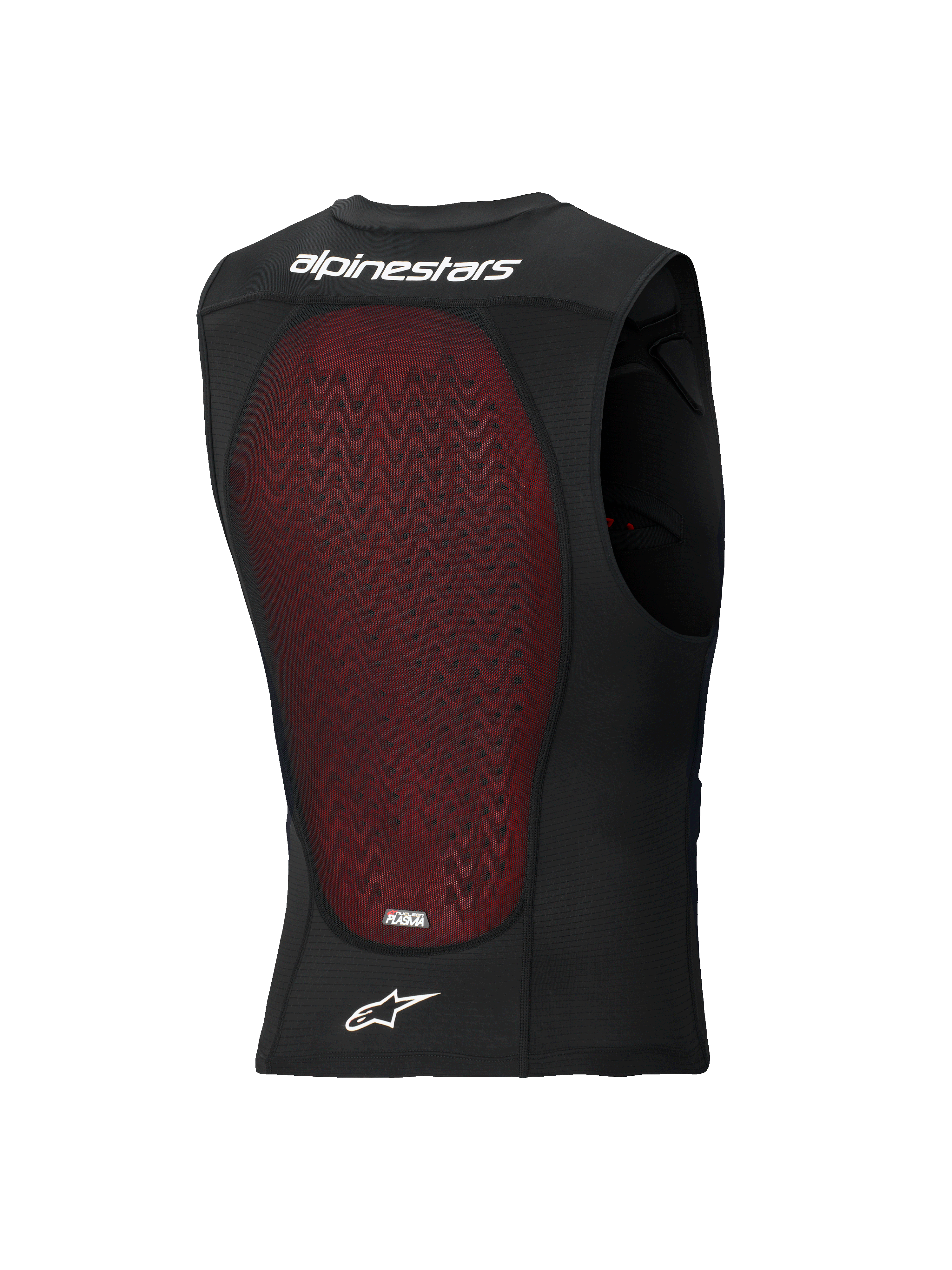 Alpinestars Bionic Plasma LT Protection Vest, rear view, black breathable mesh with a large red Nucleon PLASMA back protector, featuring white Alpinestars wordmark and logo, designed for off-road and motocross impact protection