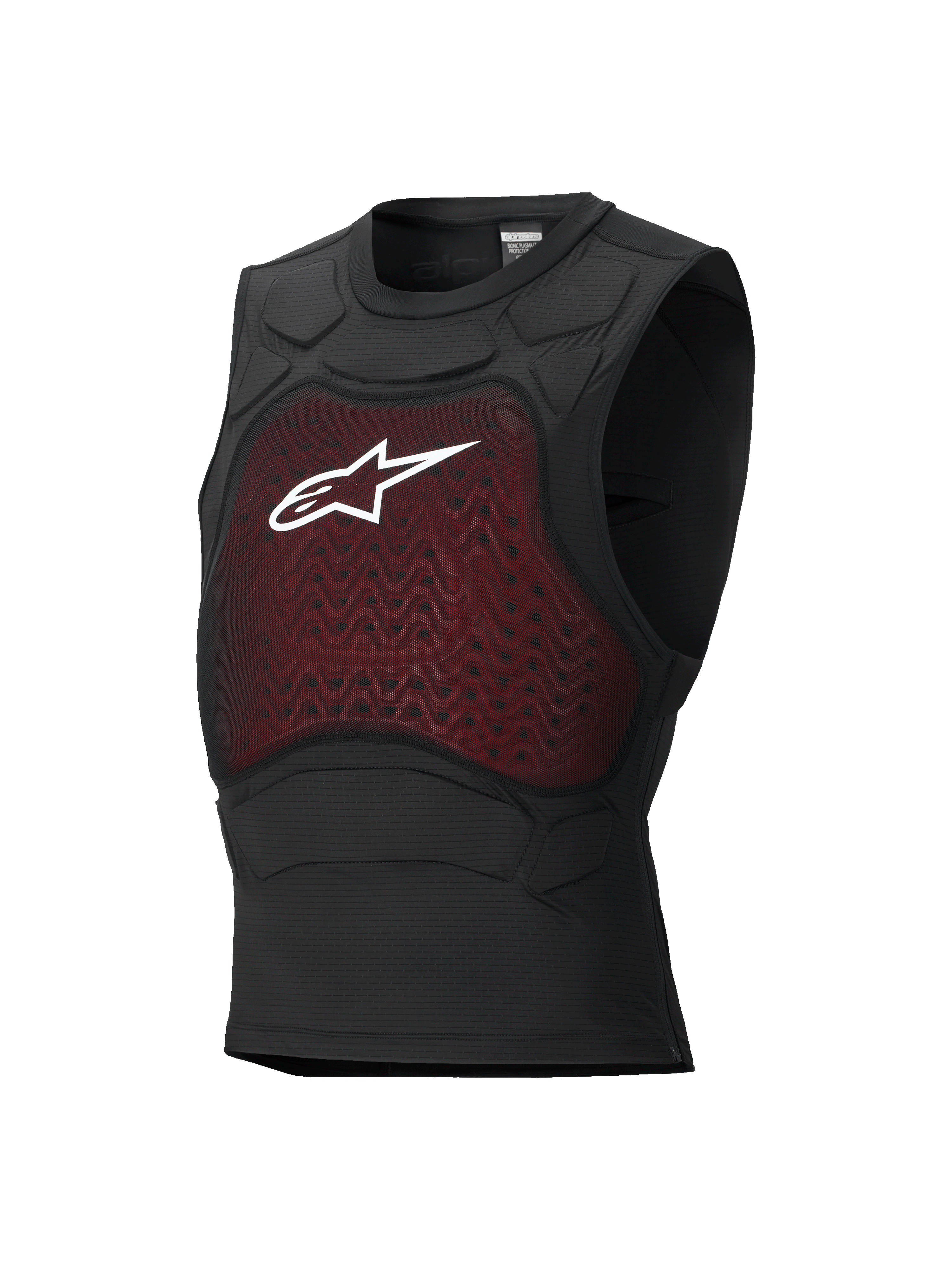Alpinestars Bionic Plasma LT beschermingsvest, motor bodyprotector, zwart en rood, mouwloos ontwerp met mesh borstpaneel en wit Astars-logo, geïntegreerde padding op de schouders, ademende nauwsluitende constructie