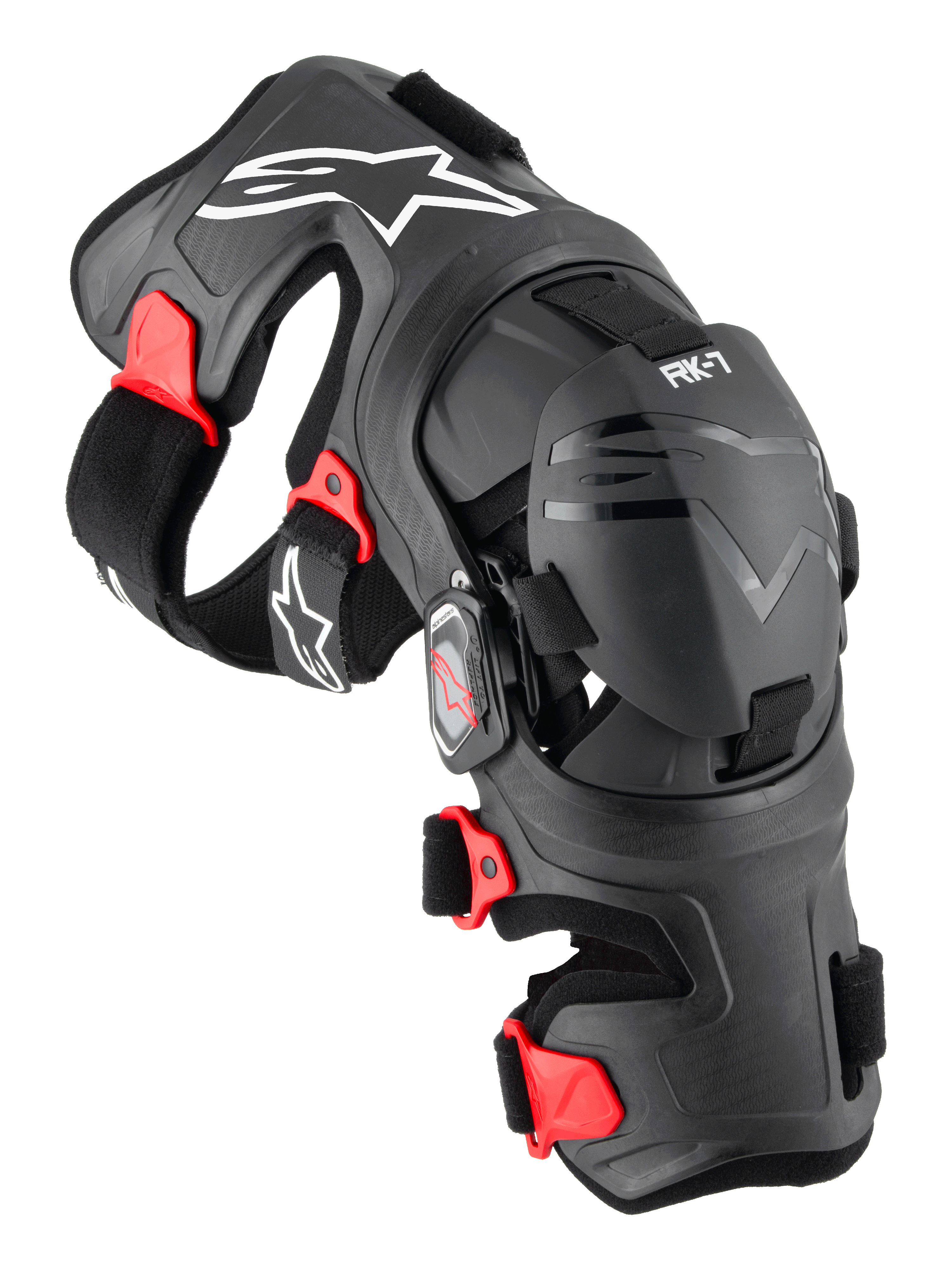 Alpinestars RK-7 Plasma kniebrace, motorcross kniebeschermer, zwart met rode accenten en witte logo's, ergonomisch vezelversterkt frame met verstelbare riemen en vierpuntscharniersysteem, duurzame off-road beschermingsuitrusting