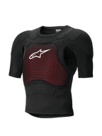 Alpinestars Bionic Plasma LT Protection Jacket - Short Sleeve, Black and Red, motorcycle body armor with CE-certified protective padding, lightweight breathable mesh chassis, featuring a red textured chest panel and white Alpinestars logo