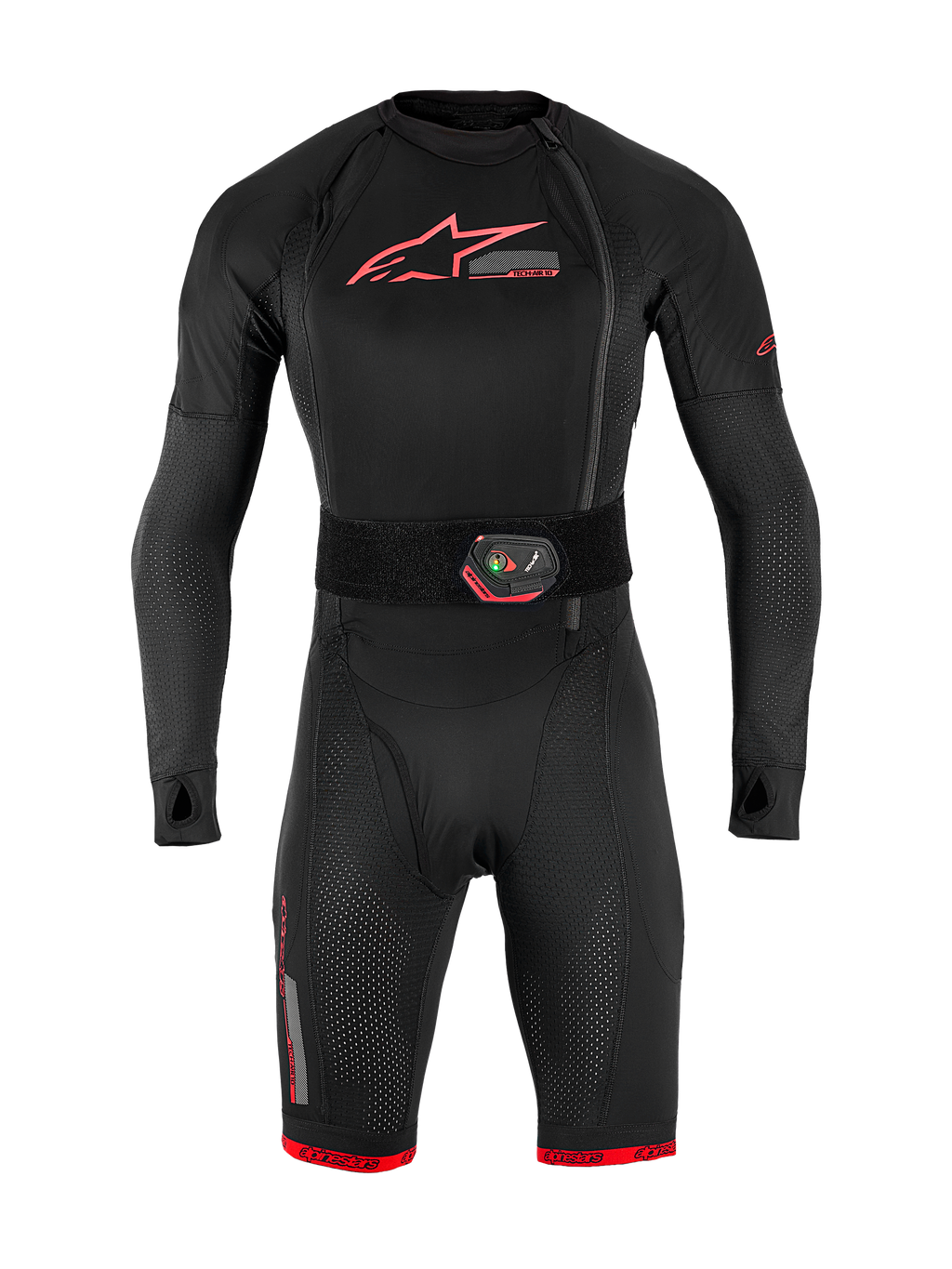 Tech-Air® 10 V2 Race Airbag-System, schwarze Basisschicht mit roten Akzenten und Aktivierungsgurt mit Led-Anzeige.