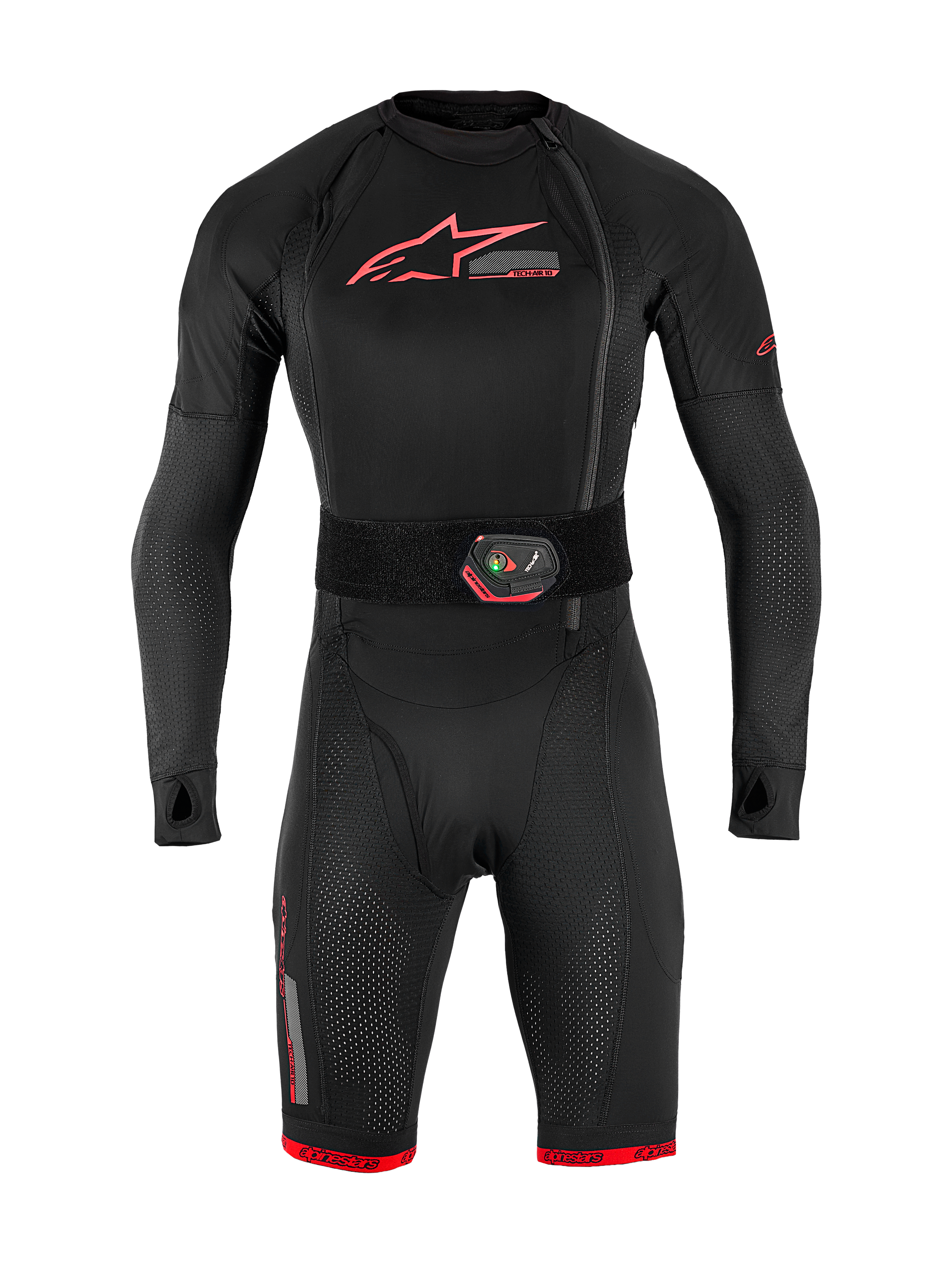 Tech-Air® 10 V2 Race Airbag-System, schwarze Basisschicht mit roten Akzenten und Aktivierungsgurt mit Led-Anzeige.