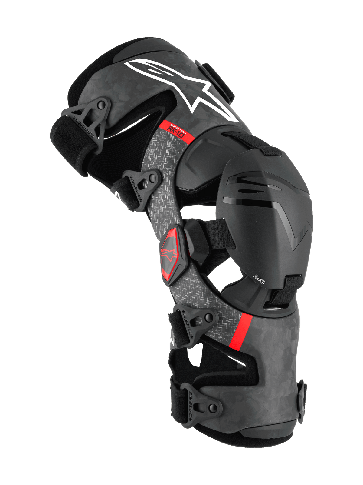 Alpinestars Supertech RK-10 Plasma Knieorthese, Motocross-Schutzausrüstung, Schwarz mit geschmiedetem Kohlefaserrahmen und grauen Akzenten, rotes Branding, Scharnier-Stützsystem mit verstellbaren Riemen, erstklassiger Offroad-Schutz