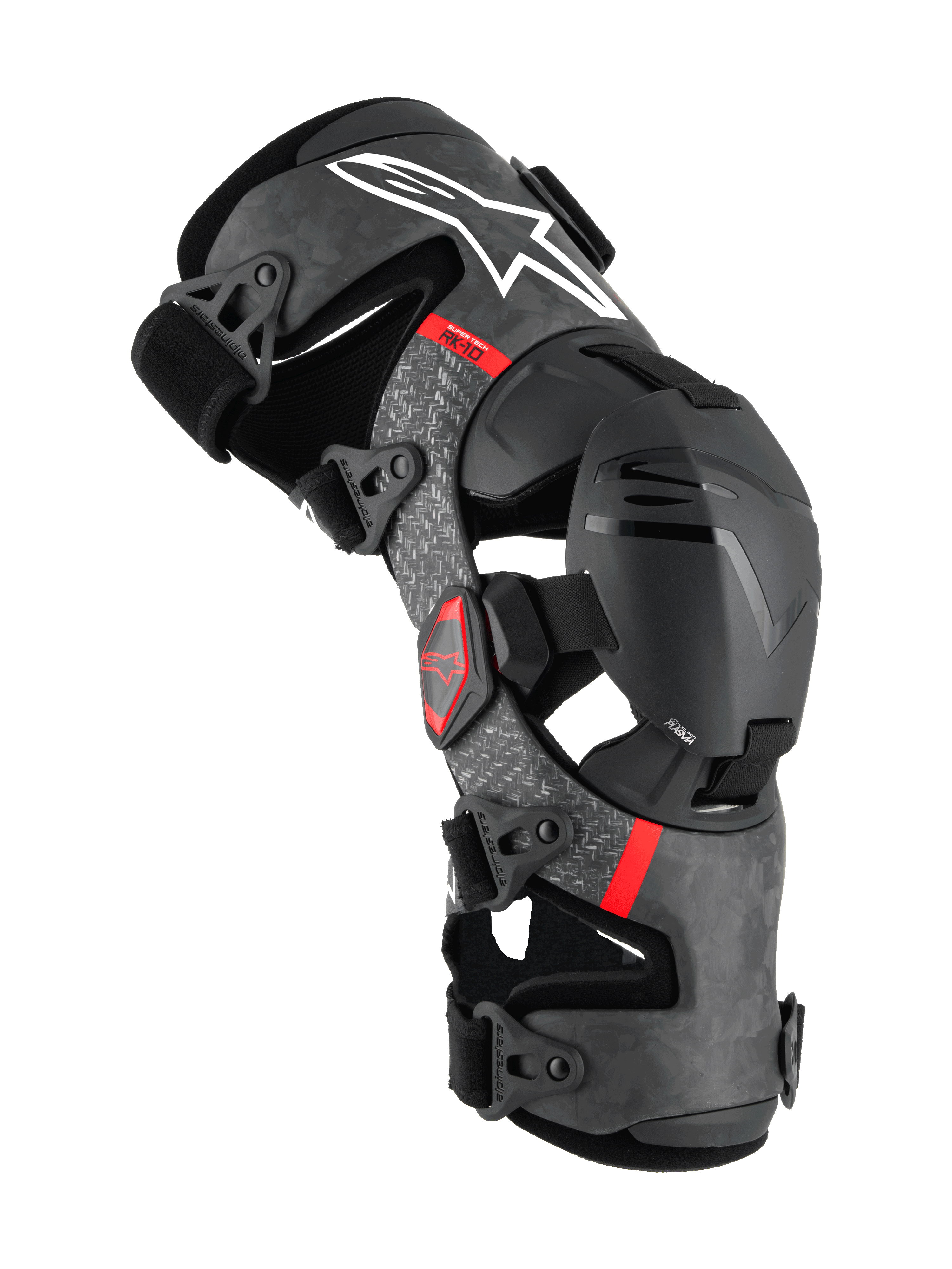 Alpinestars Supertech RK-10 Plasma kniebrace, motorcross bescherming, zwart met gesmeed koolstofvezel frame en grijze accenten, rode logo's, scharnierend ondersteuningssysteem met verstelbare riemen, premium off-road bescherming