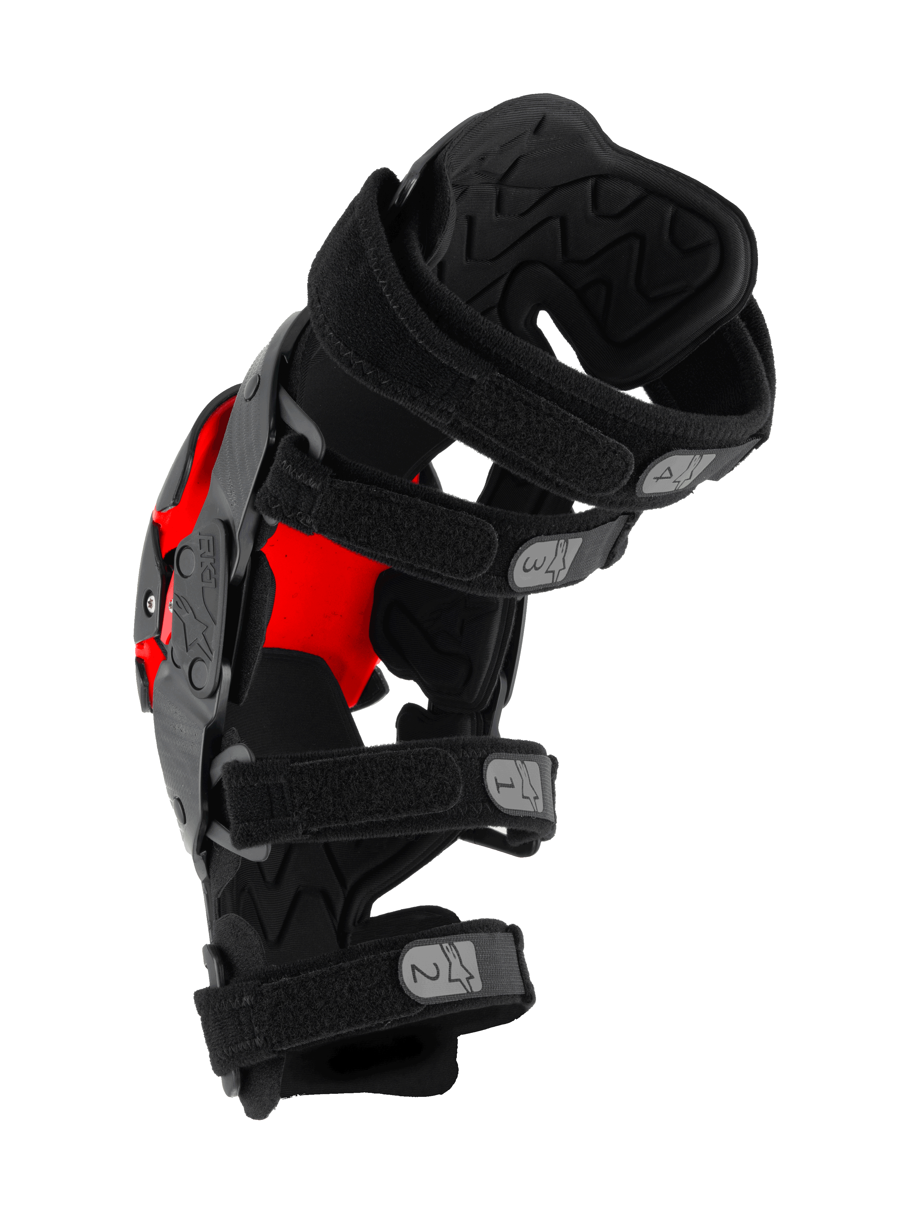 Alpinestars RK-1 Plasma Kniebrace, motocross kniebeschermer, zwart en rood, zijaanzicht met vier genummerde verstelbare banden en getextureerde binnenvoering, technische beschermende uitrusting voor off-road rijden