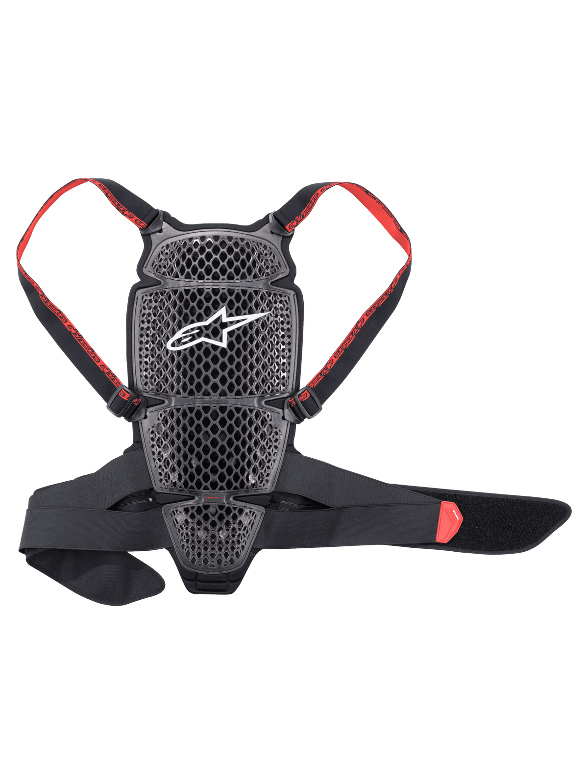 Alpinestars Nucleon KR-Cell Protector, rugbeschermer voor motorrijders, Smoke Black en rood, voorzien van een geperforeerd honingraatrooster met een wit Alpinestars-logo, verstelbare rode merkschouderbanden en een zwarte tailleband, ergonomisch geventileerd ontwerp