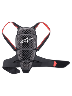 Alpinestars Nucleon KR-Cell Protektor, Motorrad-Rückenprotektor, Rauchschwarz und Rot, mit perforierter Wabenstruktur und weißem Alpinestars-Logo, verstellbare rote Markengurte und ein schwarzer Hüftgurt, ergonomisches, belüftetes Design