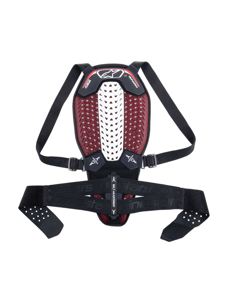 Alpinestars Nucleon Plasma Back Protector, Motorcycle Back Protector, Black White and Red, featuring a white ventilated central spinal zone and red mesh interior, adjustable black shoulder straps and waist belt, ergonomic lightweight design for impact protection
