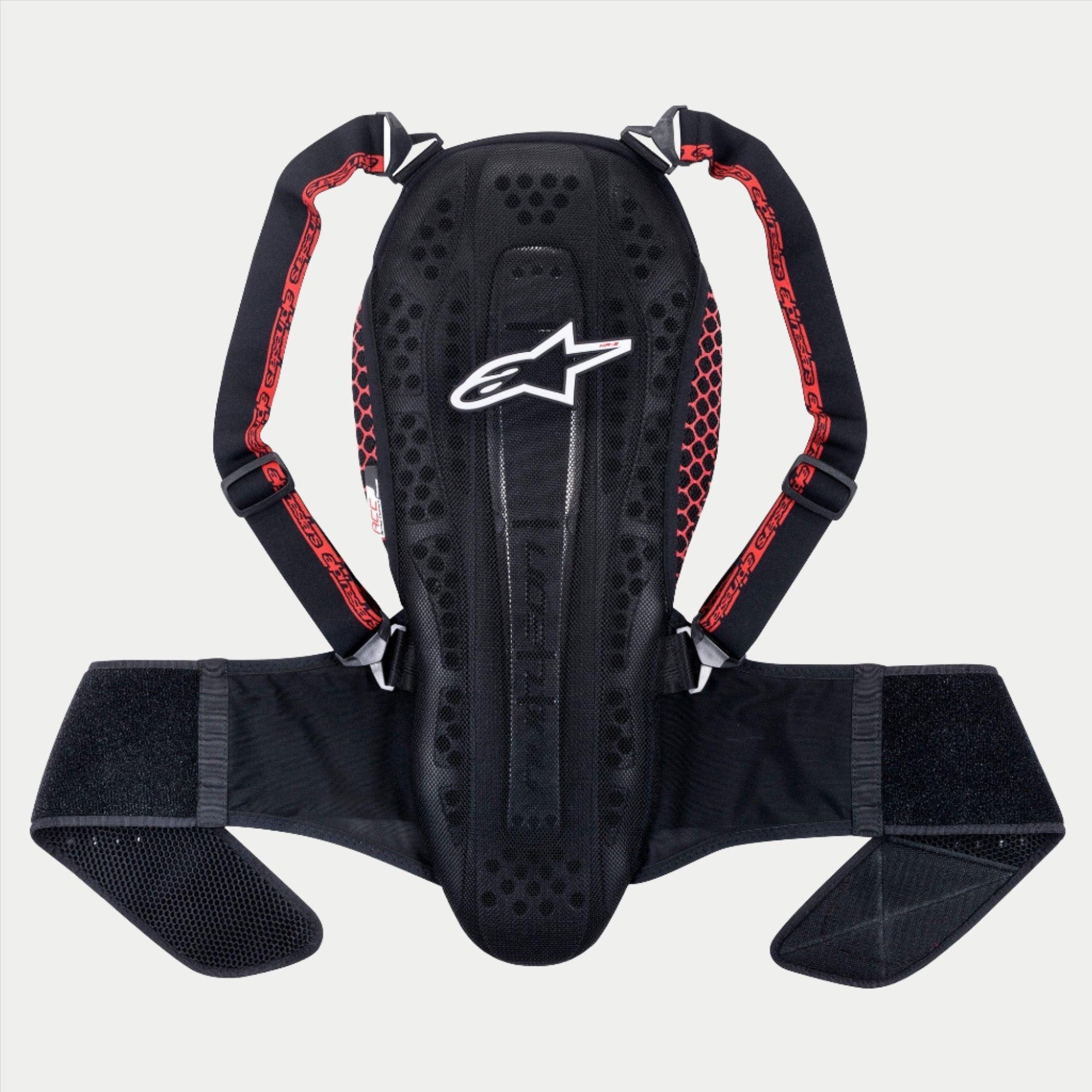 Alpinestars Nucleon KR-2 Back Protector, Black Smoke Red, articulated spine protection with white star logo, red honeycomb side panels, adjustable shoulder straps and wide waist belt, CE Level 2 motorcycle safety gear