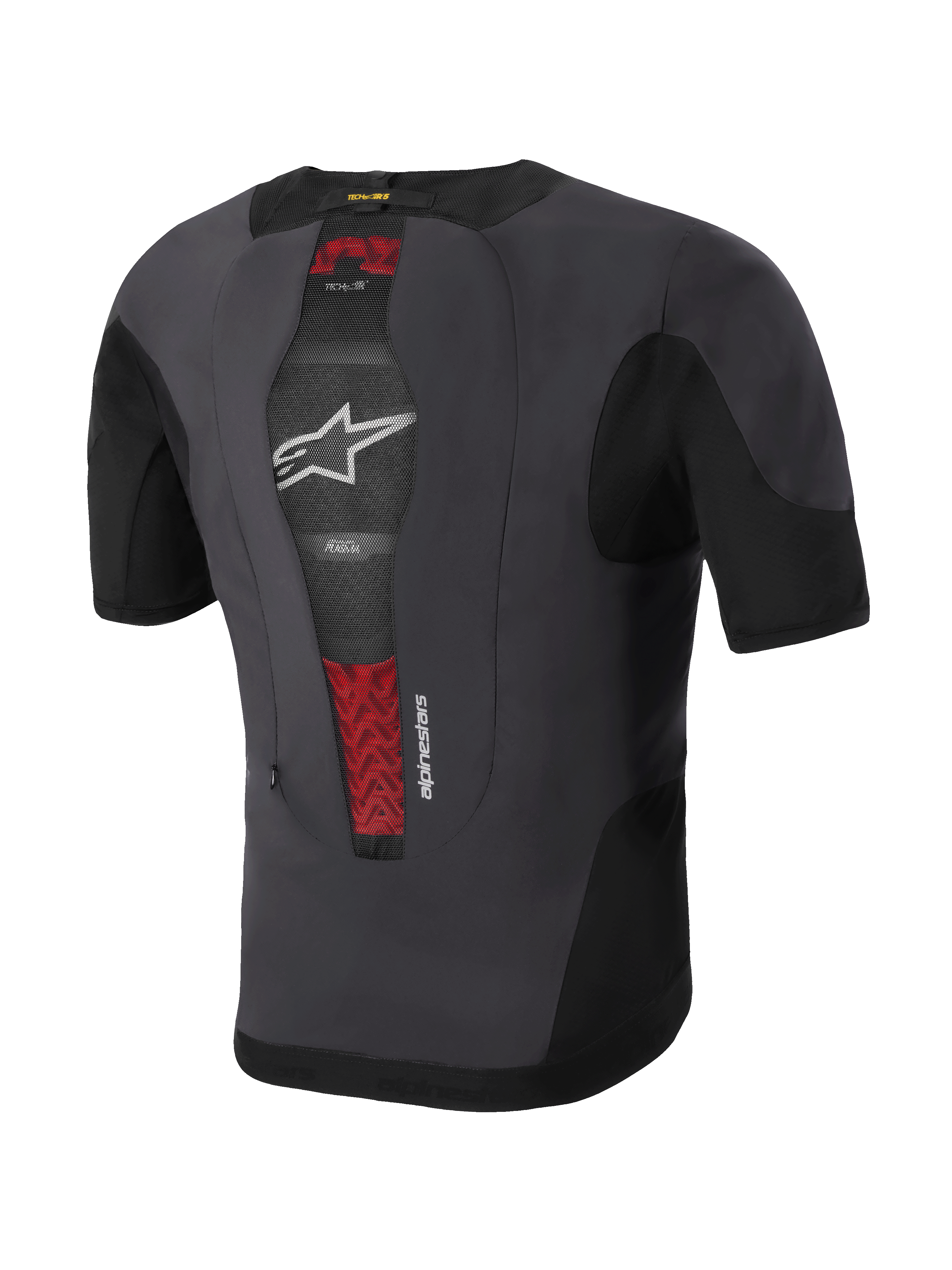 Système airbag Alpinestars Tech-Air® 5 Plasma, gilet airbag moto, vue arrière, noir et gris foncé, avec protection dorsale PLASMA intégrée visible à travers la maille centrale aux détails rouges, logo étoile blanc, design fin et respirant à porter sous une veste