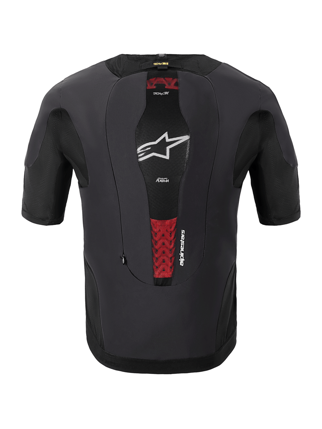 Alpinestars Tech-Air® 5 Plasma System, système airbag moto, vue arrière, noir, comprend un panneau central en maille avec un logo étoile blanc et des accents rouges de la protection dorsale interne PLASMA, design ajusté à manches courtes pour une protection sous la veste