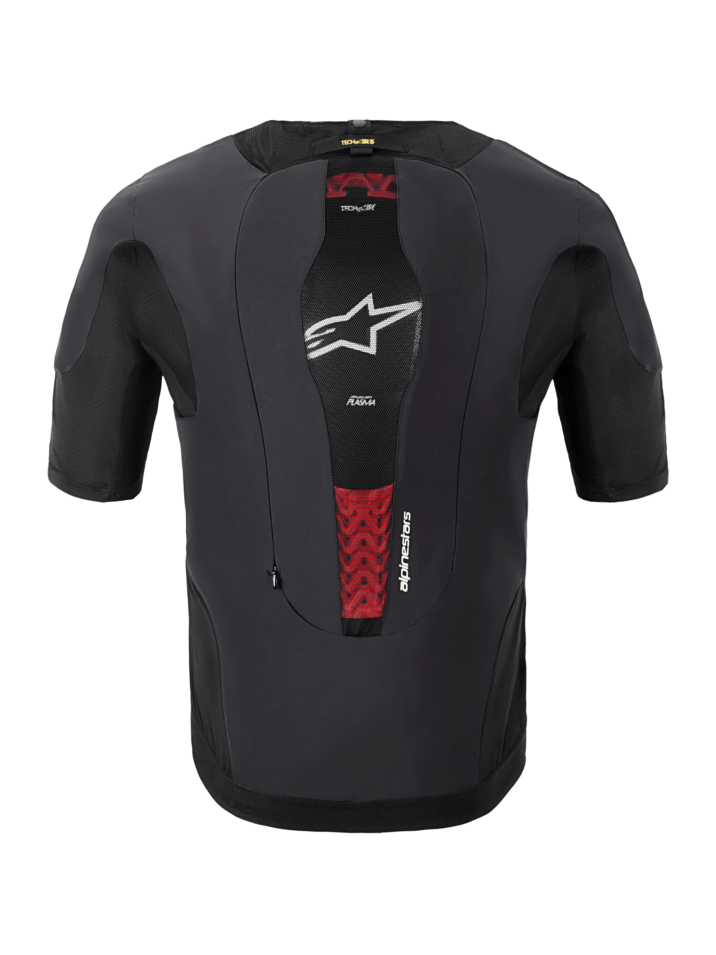 Alpinestars Tech-Air® 5 Plasma System, système airbag moto, vue arrière, noir, comprend un panneau central en maille avec un logo étoile blanc et des accents rouges de la protection dorsale interne PLASMA, design ajusté à manches courtes pour une protection sous la veste
