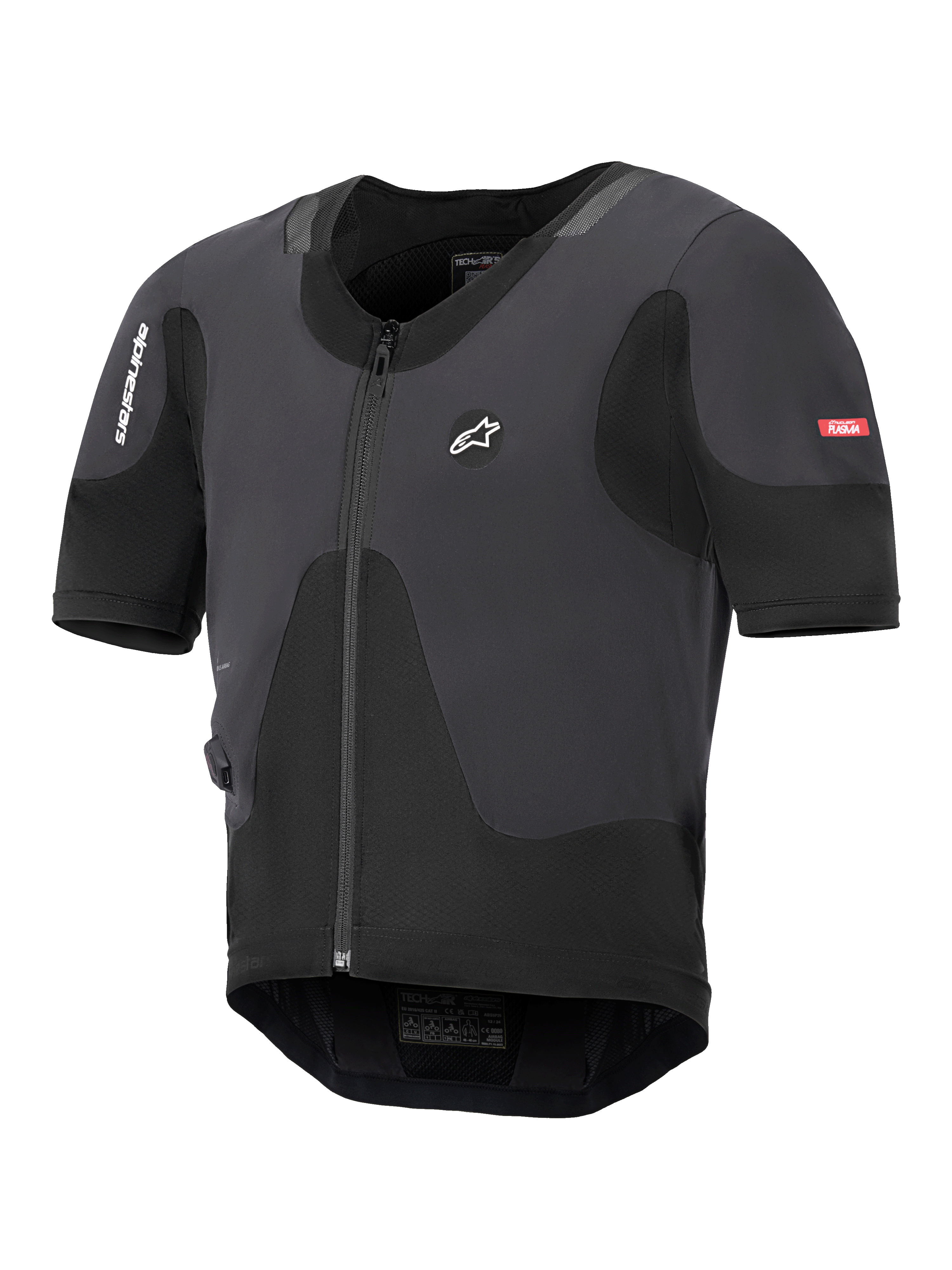 Système Alpinestars Tech-Air 5 Plasma, gilet airbag de moto noir, profil ultra-fin avec fermeture éclair frontale et manches courtes, doté de panneaux en mesh respirant et du marquage Alpinestars, conçu pour une protection sous la veste