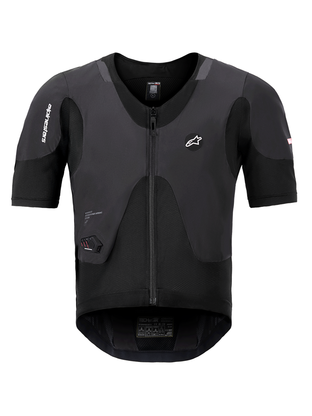 Système Alpinestars Tech-Air 5 Plasma, gilet airbag noir, vue de face avec manches courtes et fermeture éclair centrale, arborant le logo Alpinestars et un affichage d'état à LED intégré, sous-vêtement de protection ultra-fin pour la sécurité à moto