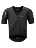Système Alpinestars Tech-Air 5 Plasma, gilet airbag noir, vue de face avec manches courtes et fermeture éclair centrale, arborant le logo Alpinestars et un affichage d'état à LED intégré, sous-vêtement de protection ultra-fin pour la sécurité à moto
