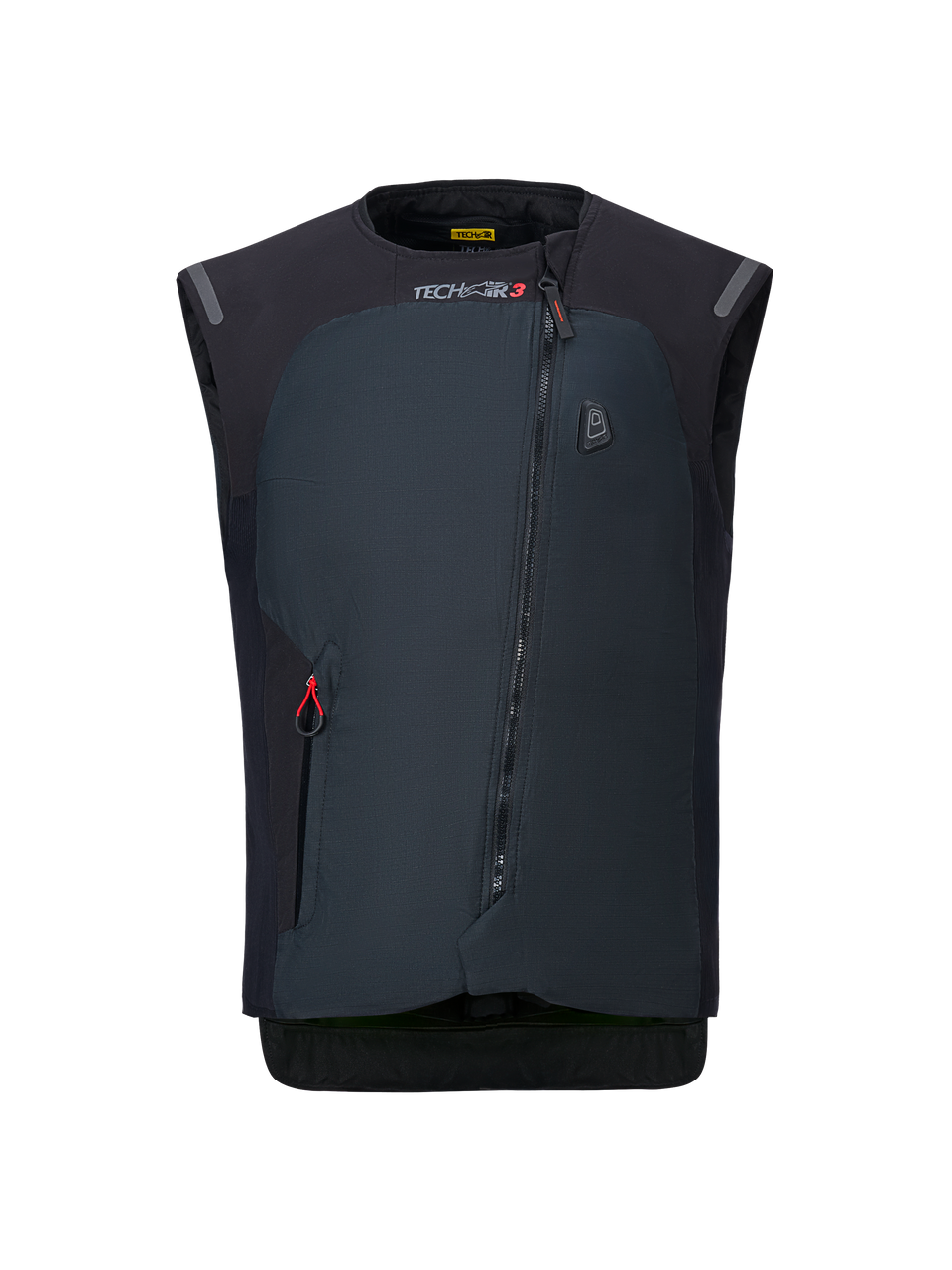 Alpinestars Tech-Air® 3 V2 Systeem, motorairbagvest, zwart, vooraanzicht met diagonale ritssluiting, TECH-AIR 3 branding, slanke textielconstructie, autonome elektronische bescherming voor op de weg