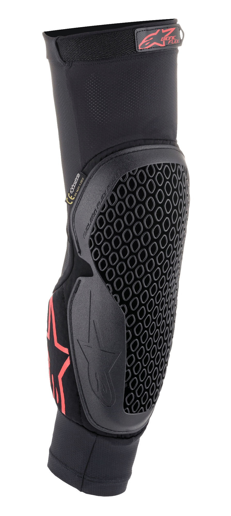 Alpinestars Bionic Flex elleboogbeschermer, zwart en rood, slip-on mesh mouw met flexibele honingraat Nucleon Flex Technology, rood Alpinestars-logo, ergonomische off-road motorbescherming