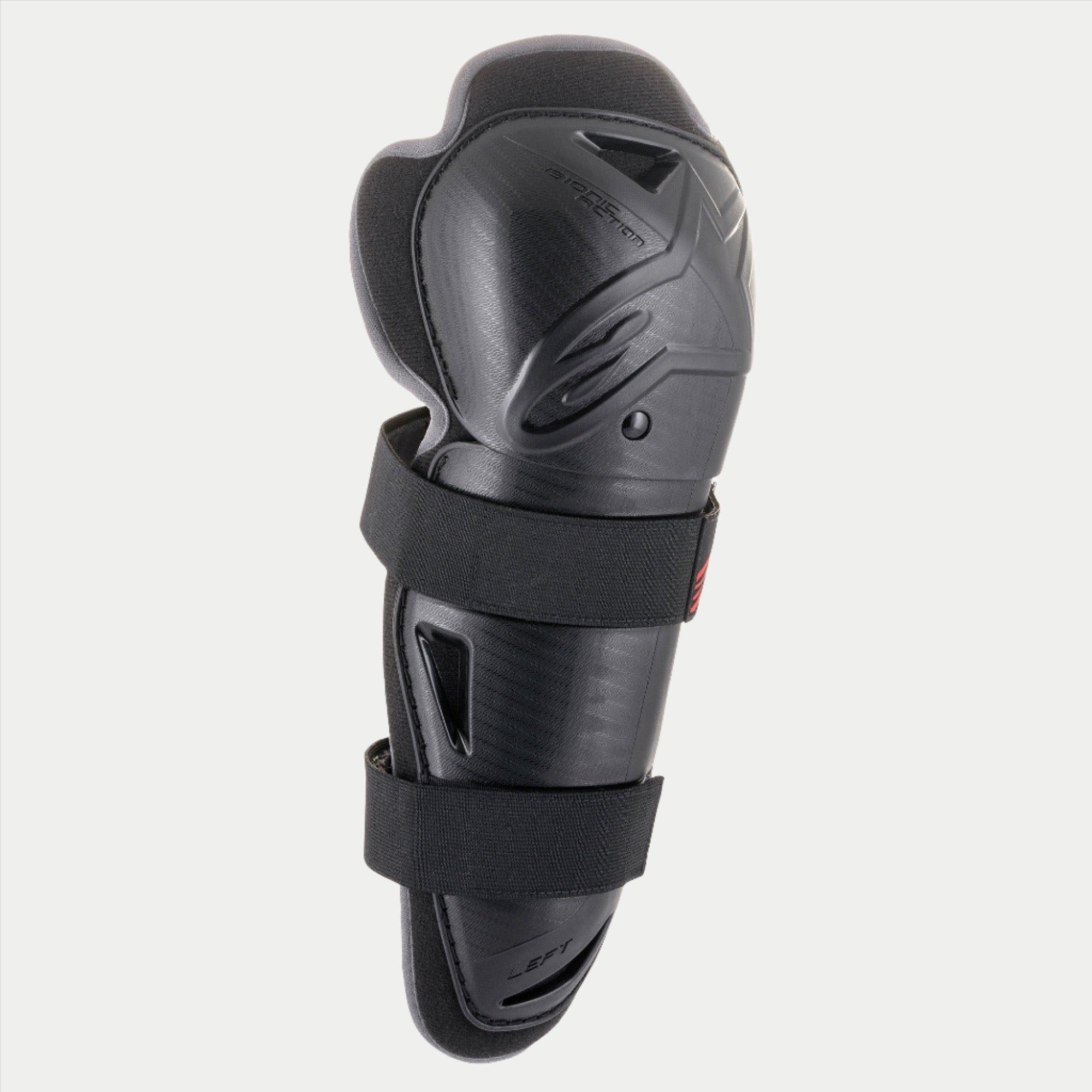 Alpinestars Youth Bionic Action Knee Protector, Black, single guard with dual elasticated straps, ergonomic asymmetric plastic shell with embossed logo, protective motocross and off-road gear for youth riders