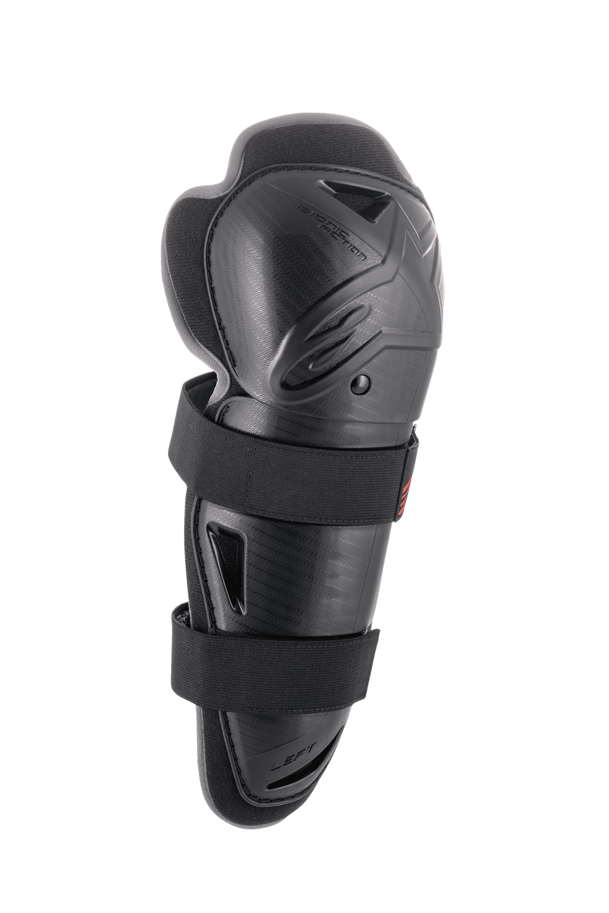 Alpinestars Bionic Action Knee Protector, noire, genouillère de protection gauche, coque rigide avec deux sangles élastiques, protection contre les chocs pour motocross et tout-terrain, design ergonomique ventilé avec rembourrage confortable